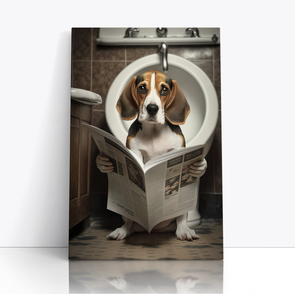 Beagle Dog Reading Paper On Toilet Funny Canvas Print Wall Art Décor Picture
