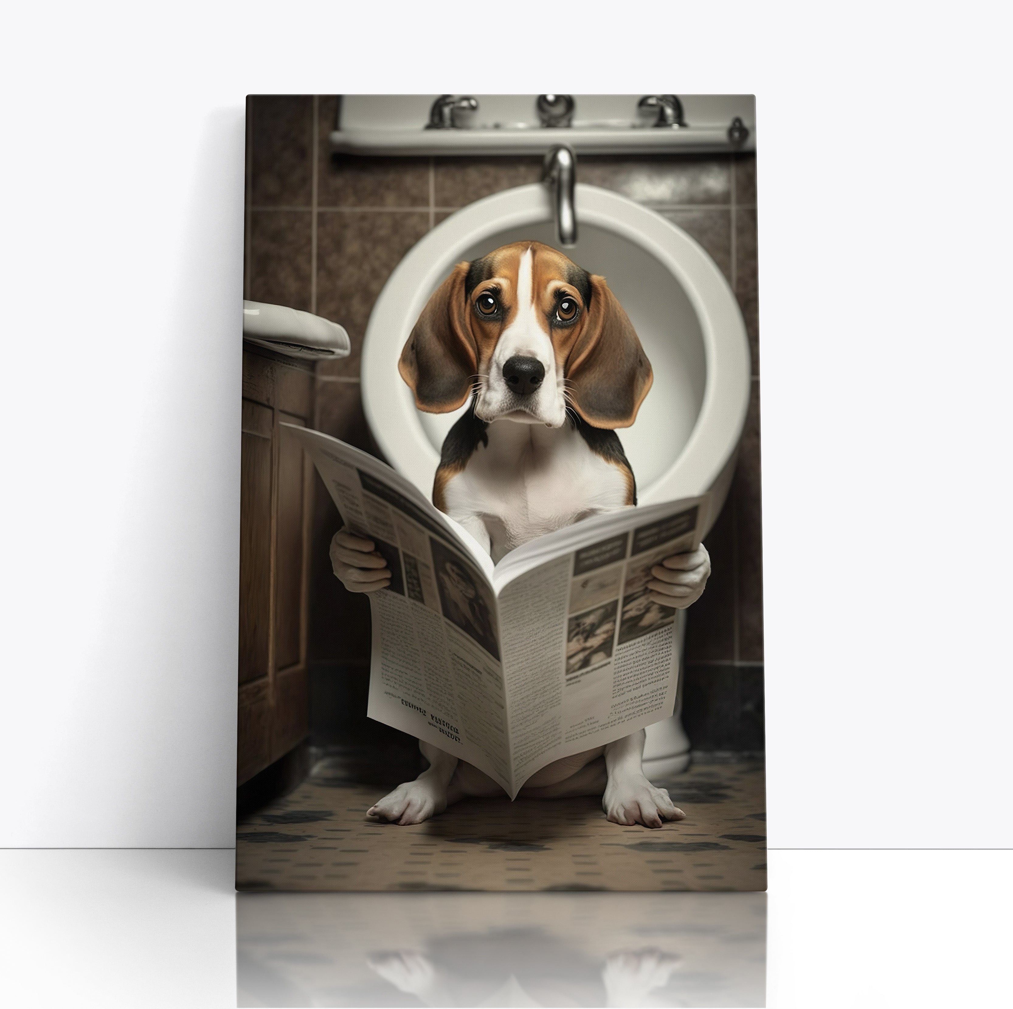 Beagle Dog Reading Paper On Toilet Funny Canvas Print Wall Art Décor Picture