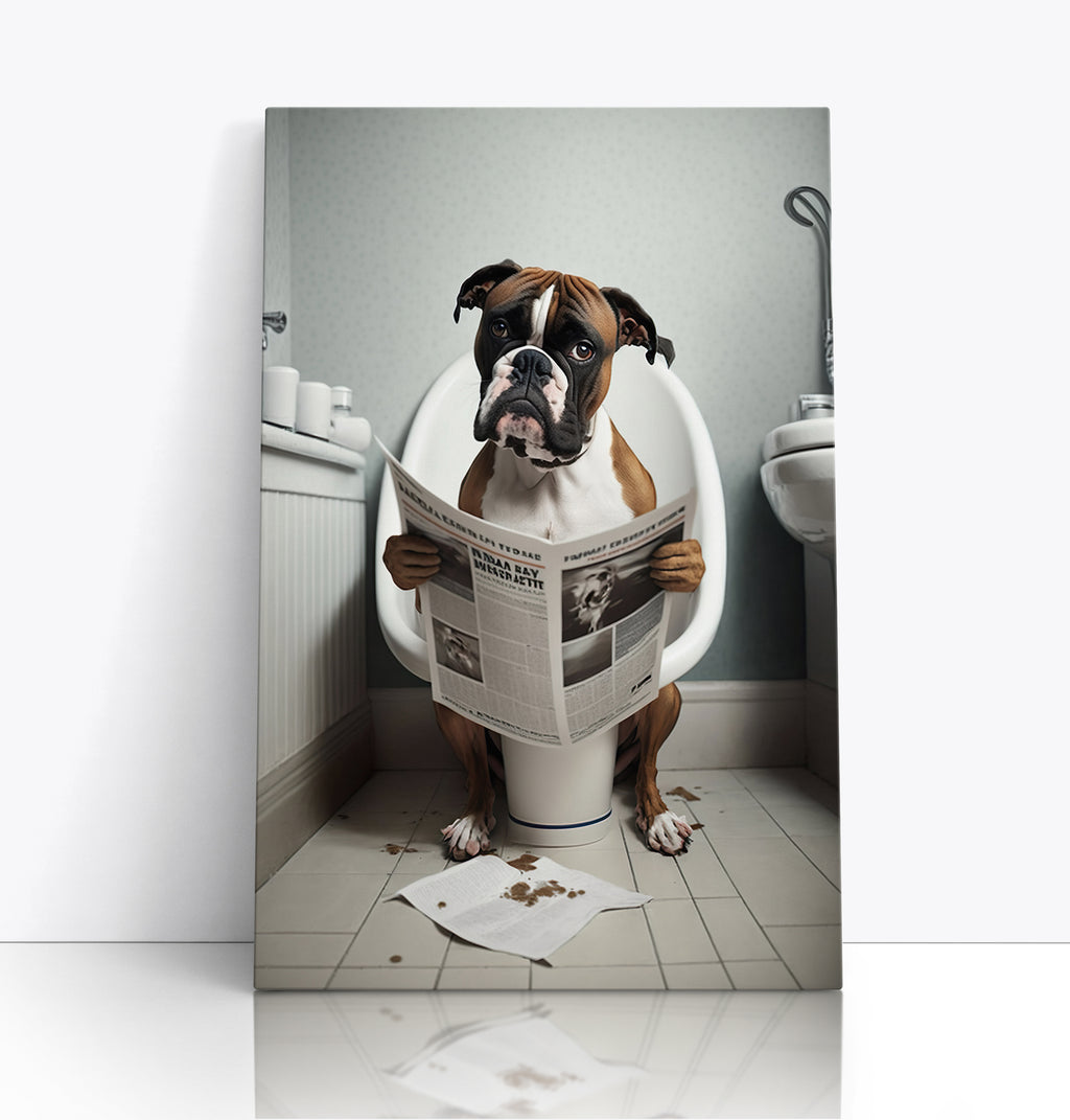 Boxer Dog Reading Paper On Toilet Funny Canvas Print Wall Art Décor Picture