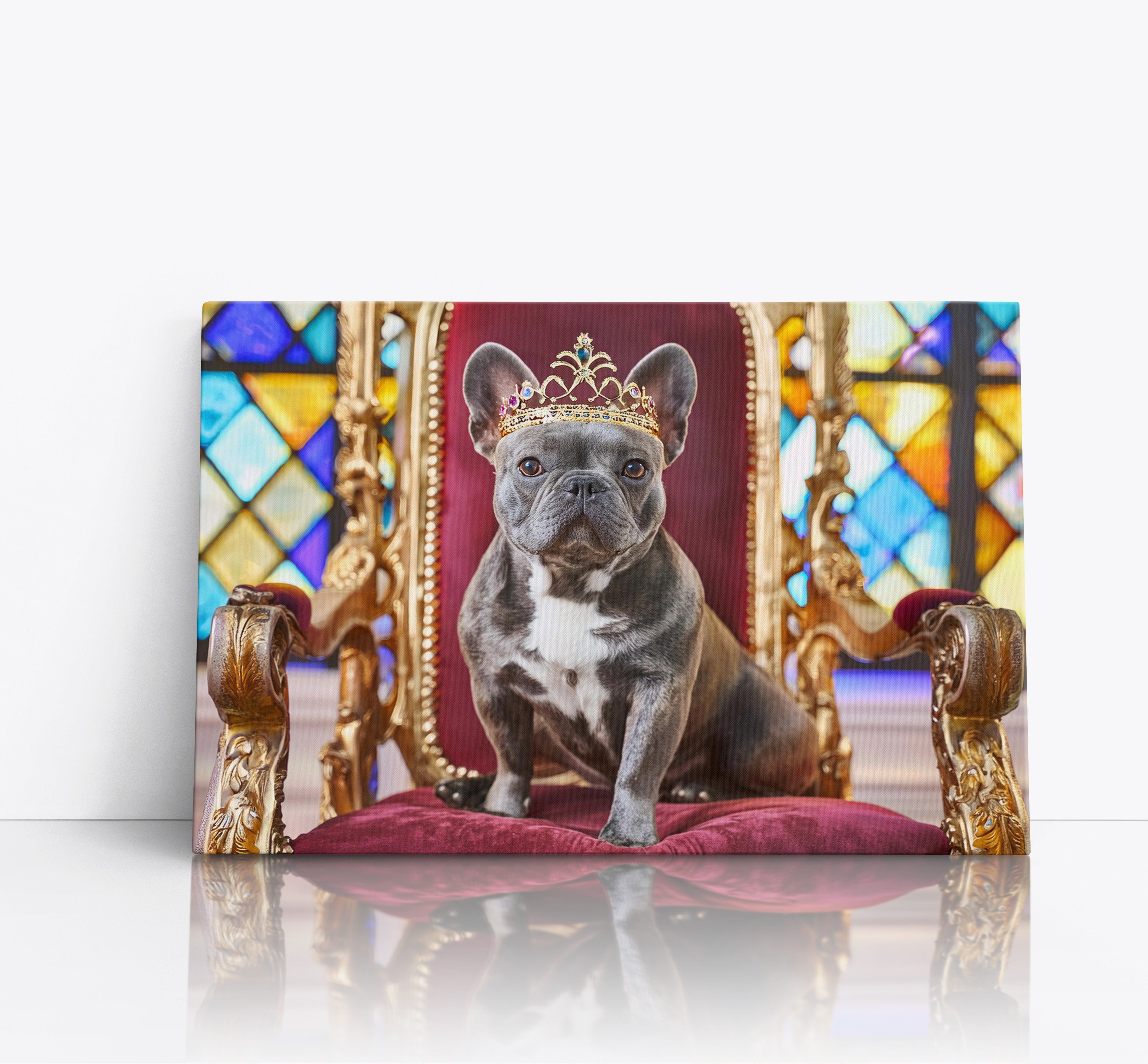 French Bulldog Sat on Throne Wearing a Crown Canvas Wall Art Print