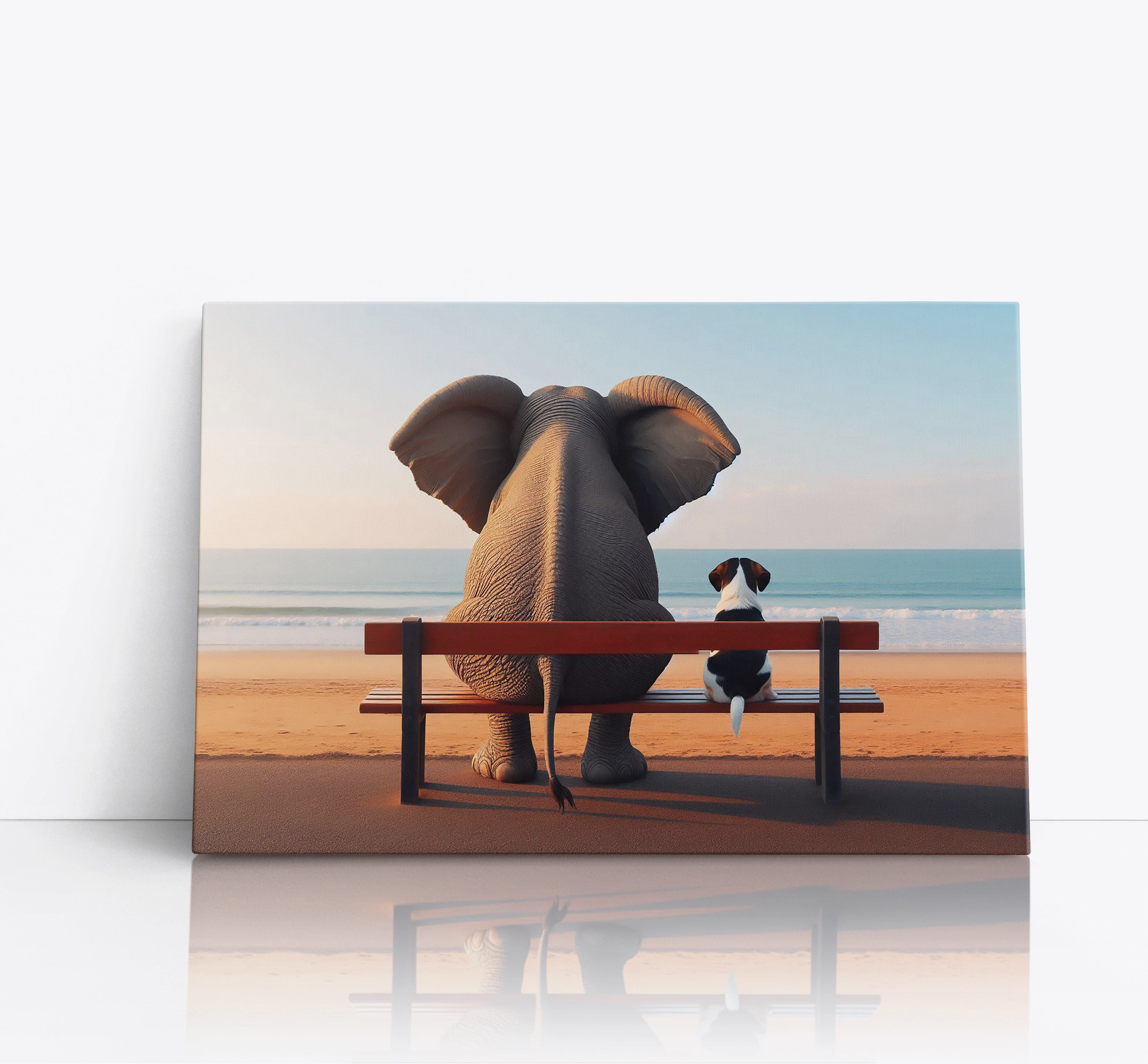 Elephant and Dog Sat At The Beach Canvas Print Wall Art