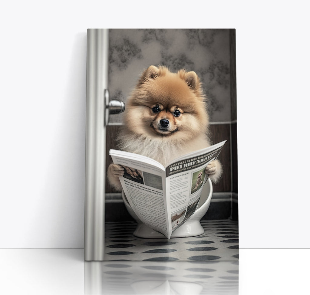 Pomeranian Reading Paper On Toilet Funny Canvas Print Wall Art
