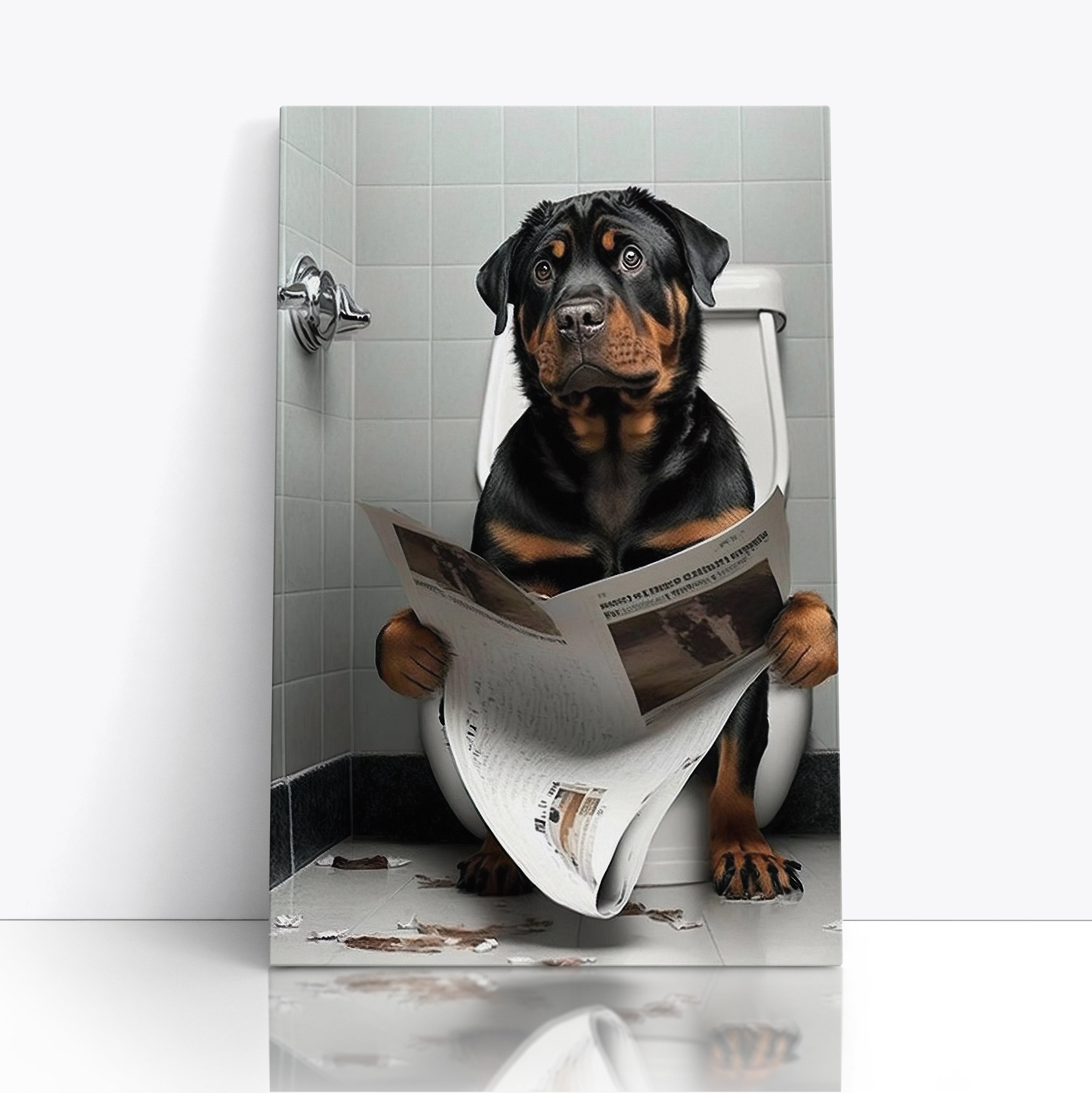 Rottweiler Dog Reading Paper On Toilet Funny Canvas Print Wall Art Décor