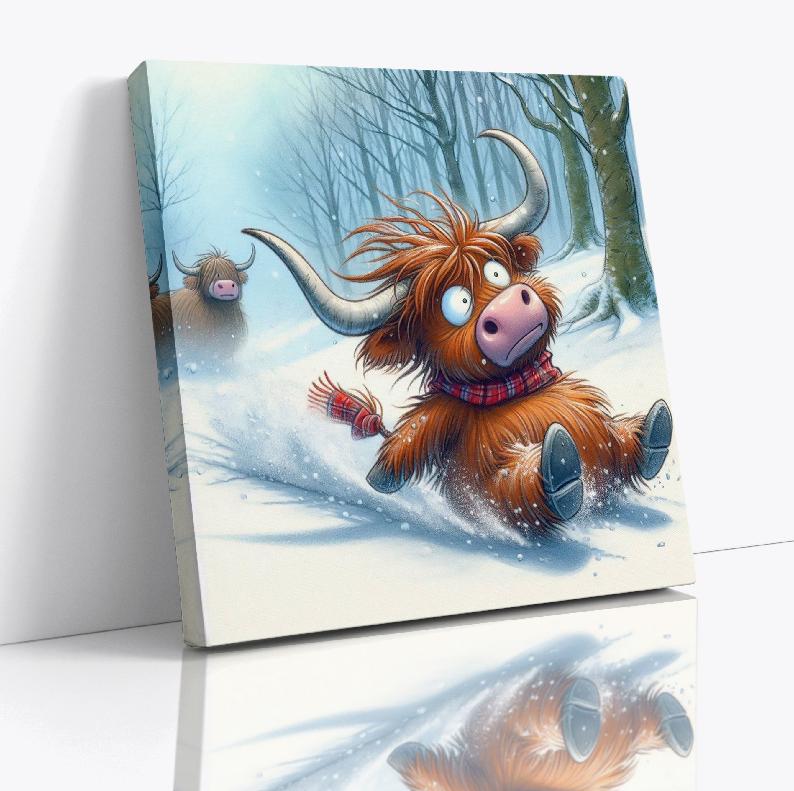 Highland Cow Playing In The Snow Canvas Wall Art Print