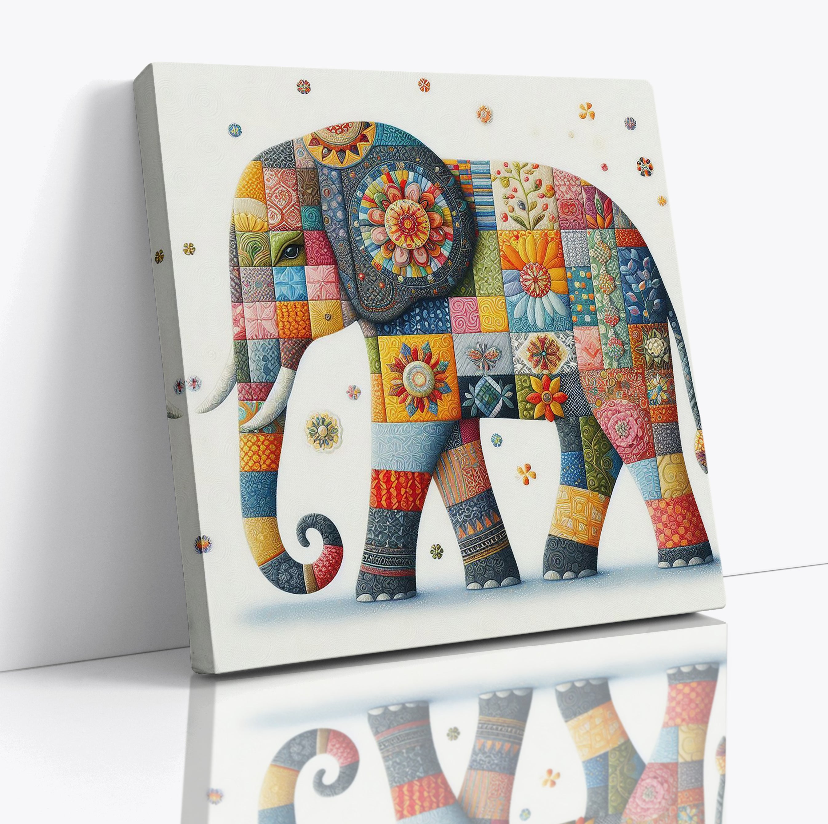 Colourful Patchwork Elephant Square Canvas Print Wall Art or Poster Print