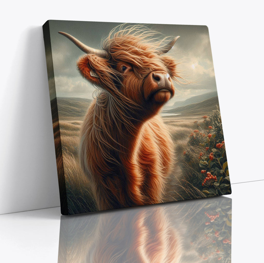 Scottish Highland Cow Scenic Square Canvas Print Wall Art