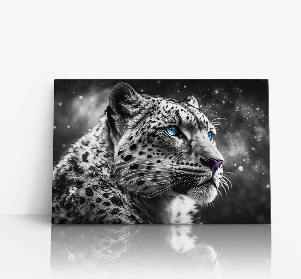 Black and White Big Cat Snow Leopard Face Wall Art Canvas Print