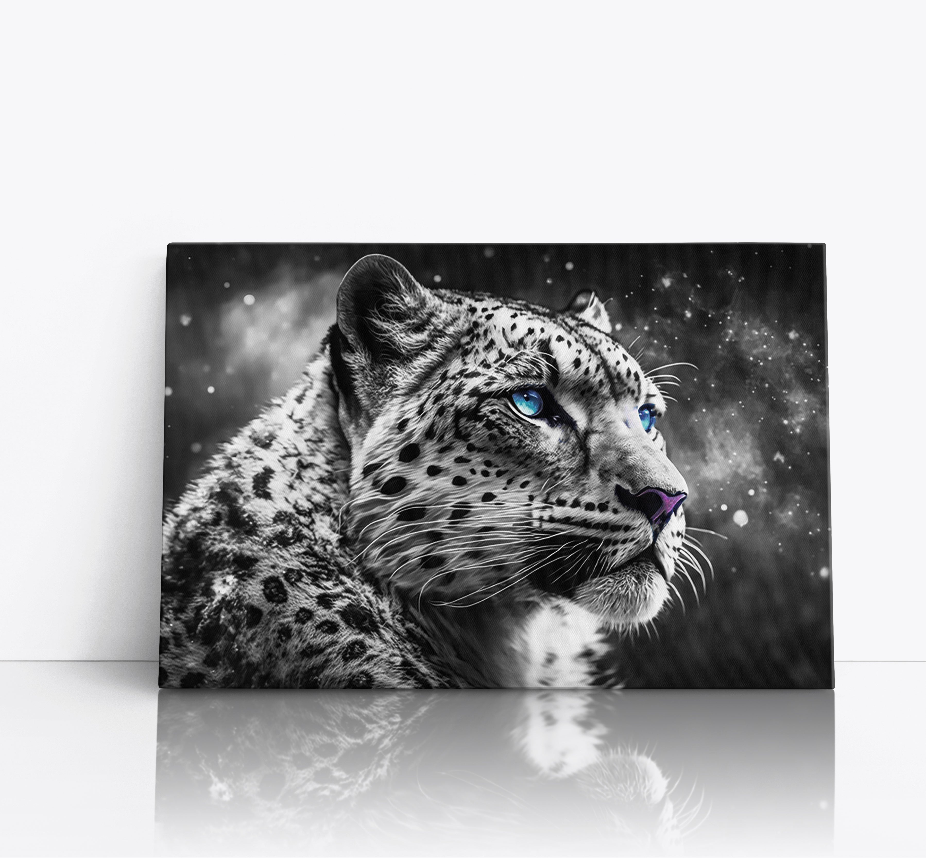 Black and White Big Cat Snow Leopard Face Wall Art Canvas Print