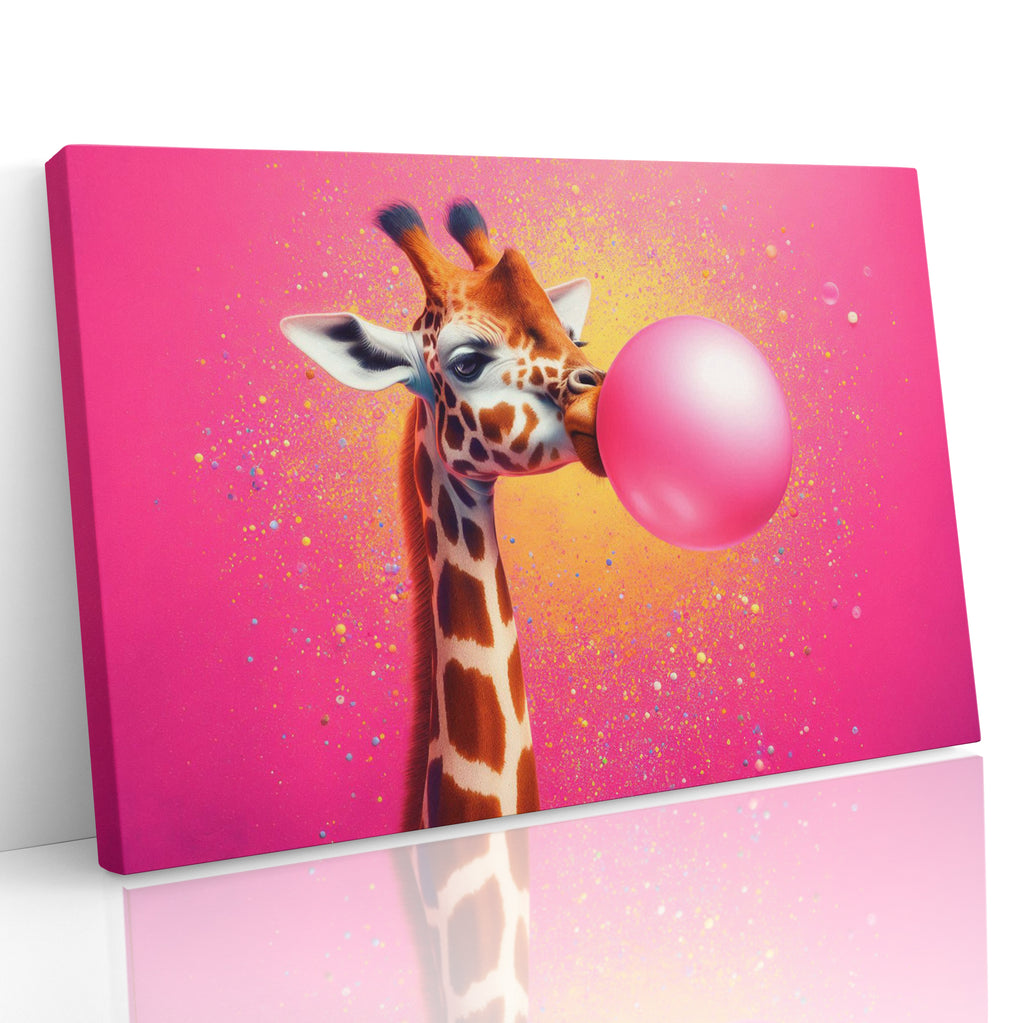 Giraffe Blowing Pink Bubble Gum Canvas Print Wall Art