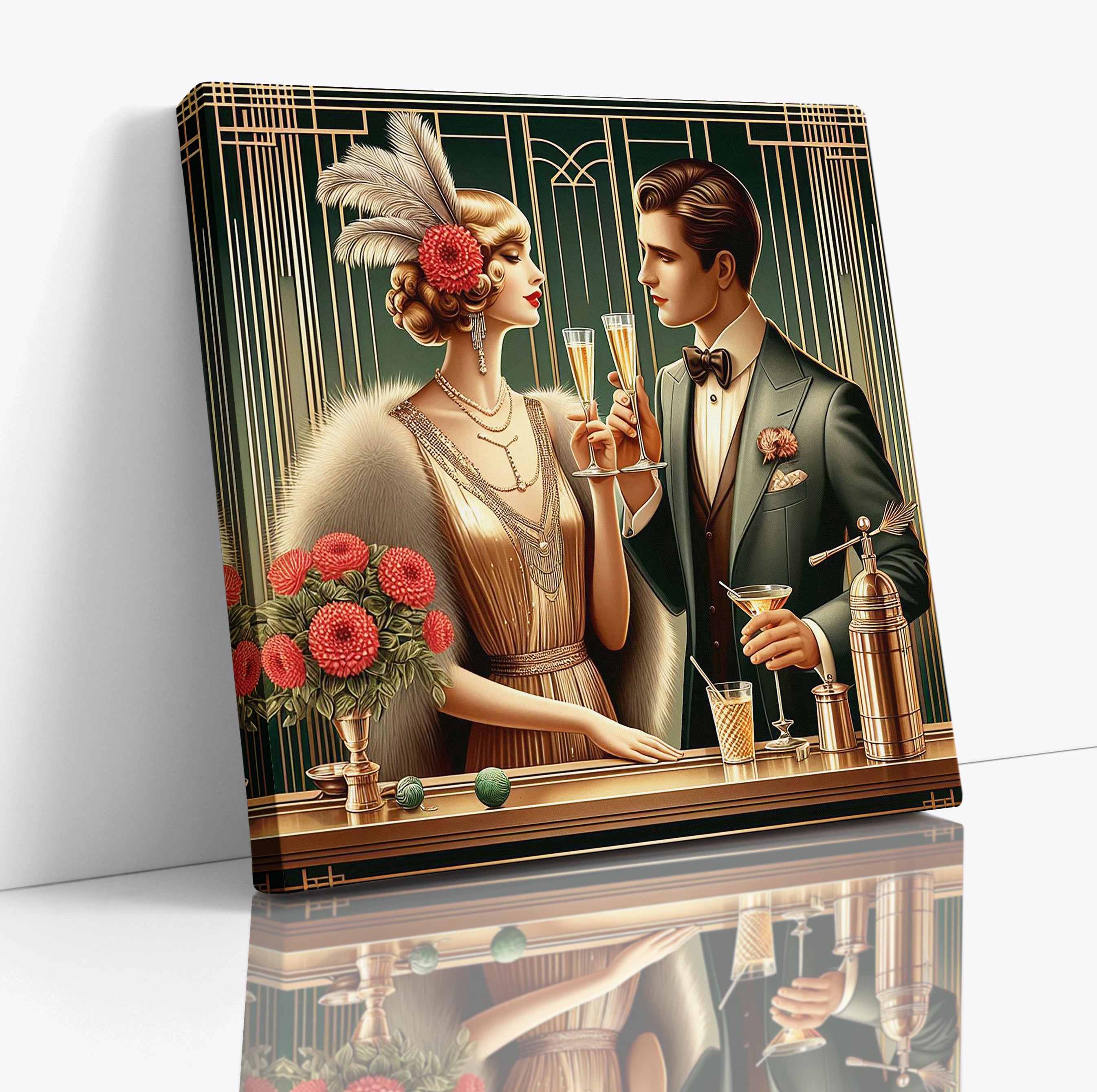 Art Deco Couple Drinking Square Canvas Print Wall Art