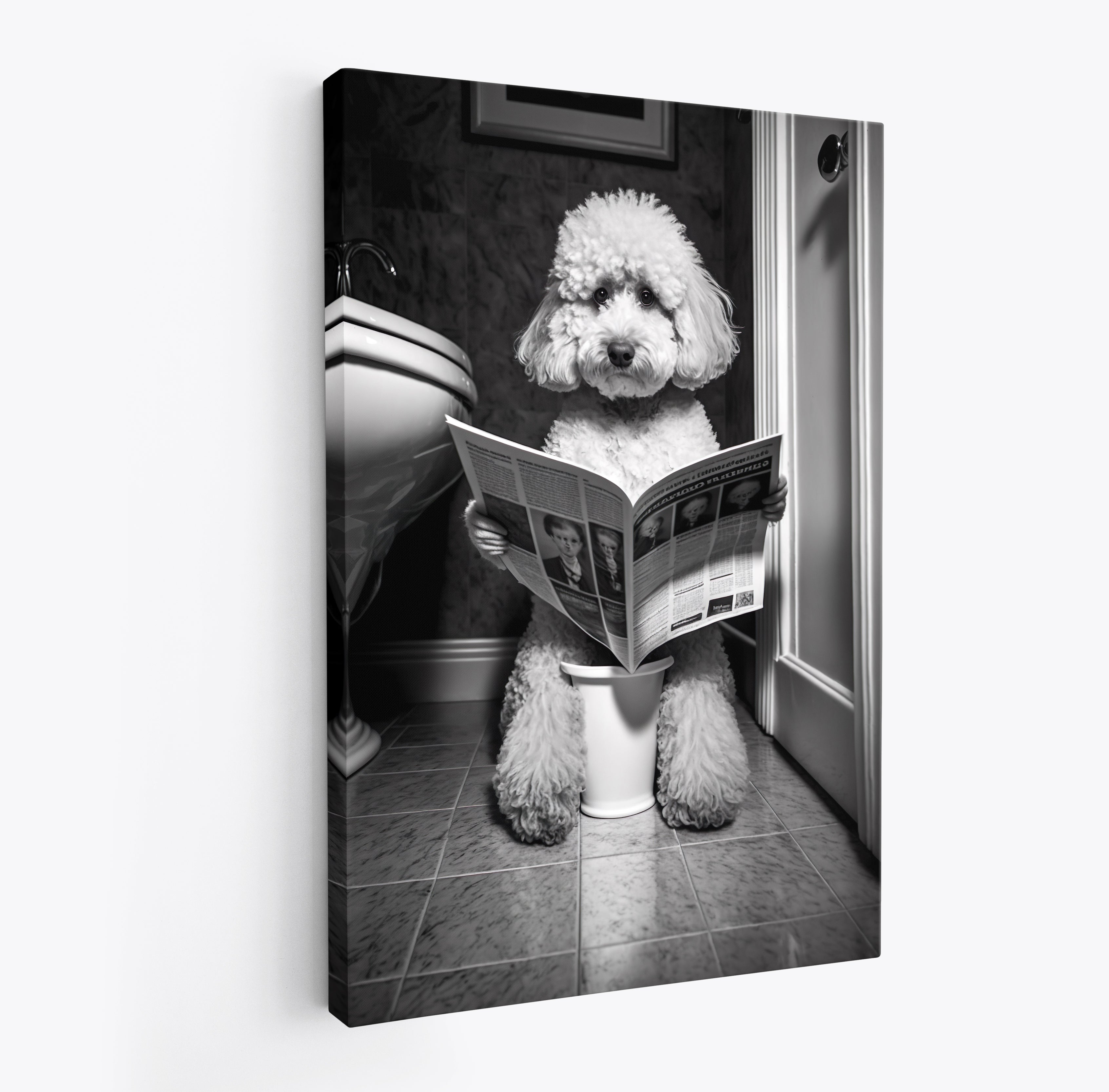 Poodle Dog Reading Newspaper On Toilet Bathroom Wall Art