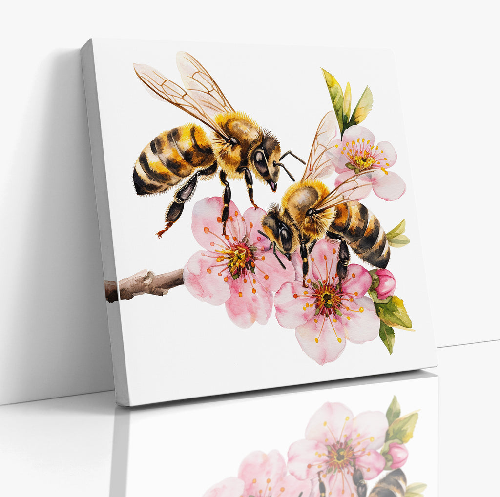 Honey Bees On Cherry Blossom Nature Canvas Wall Art Print