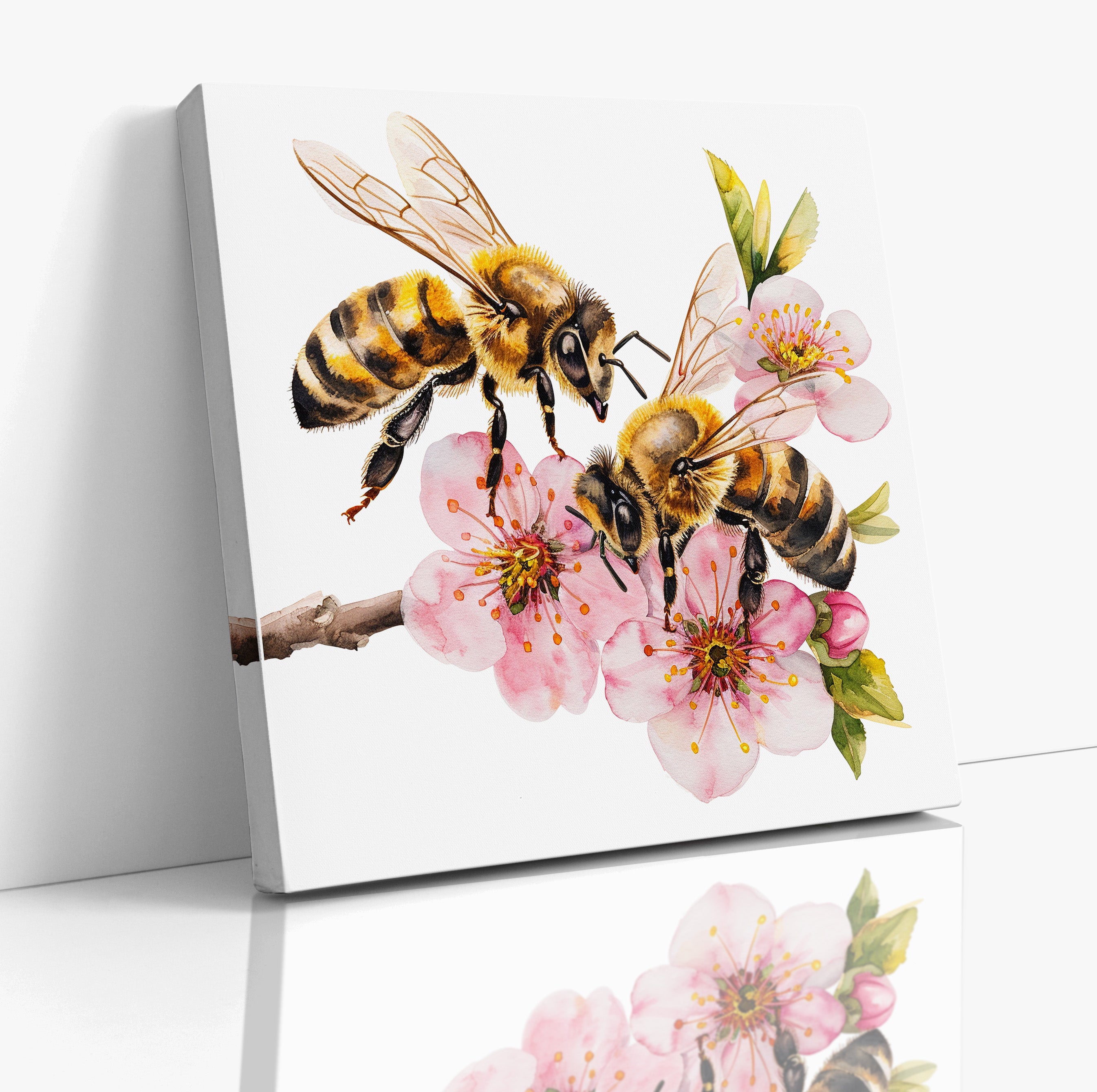 Honey Bees On Cherry Blossom Nature Canvas Wall Art Print