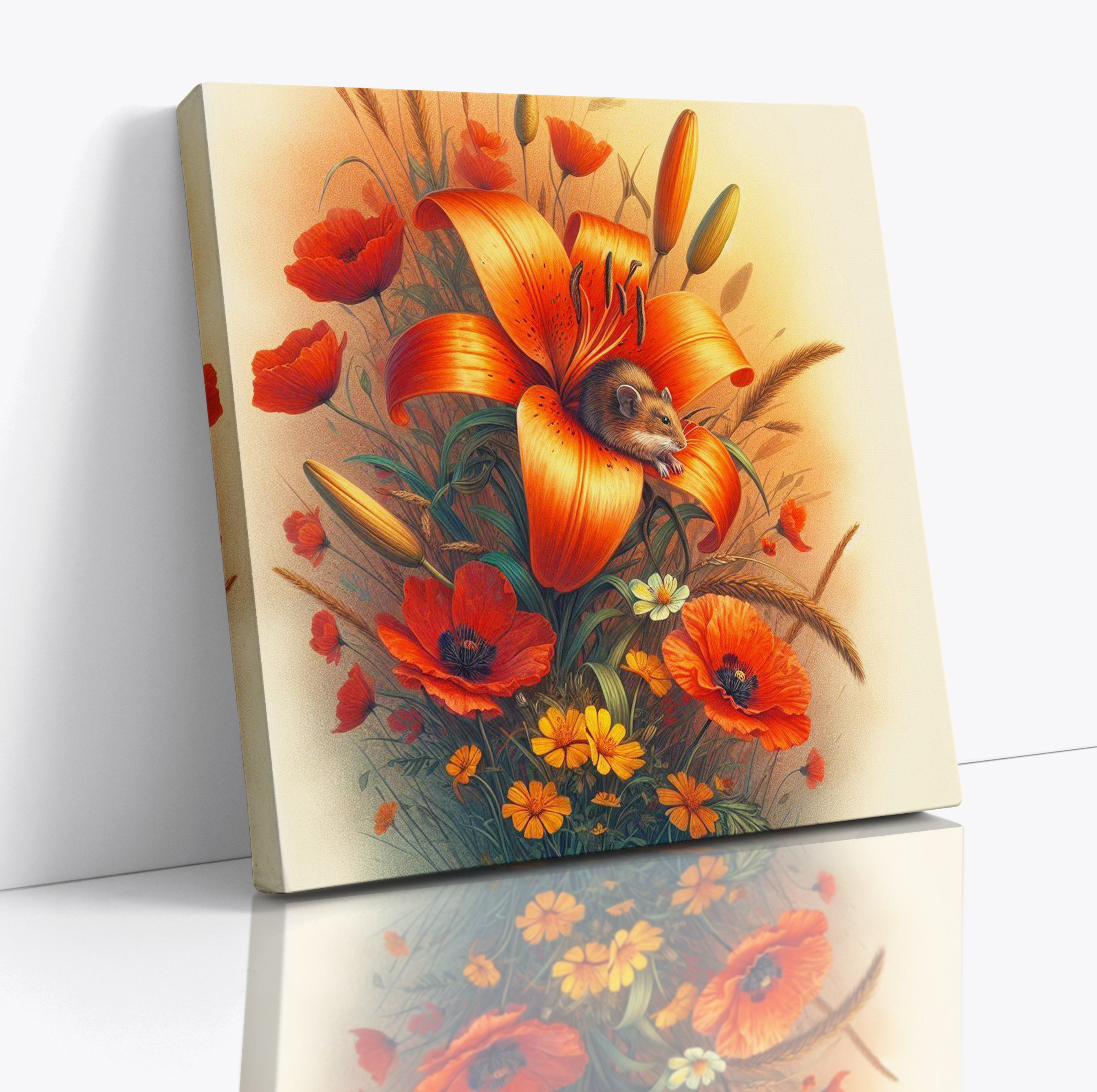 Flowers and Field Mouse Floral Canvas Wall Art Print