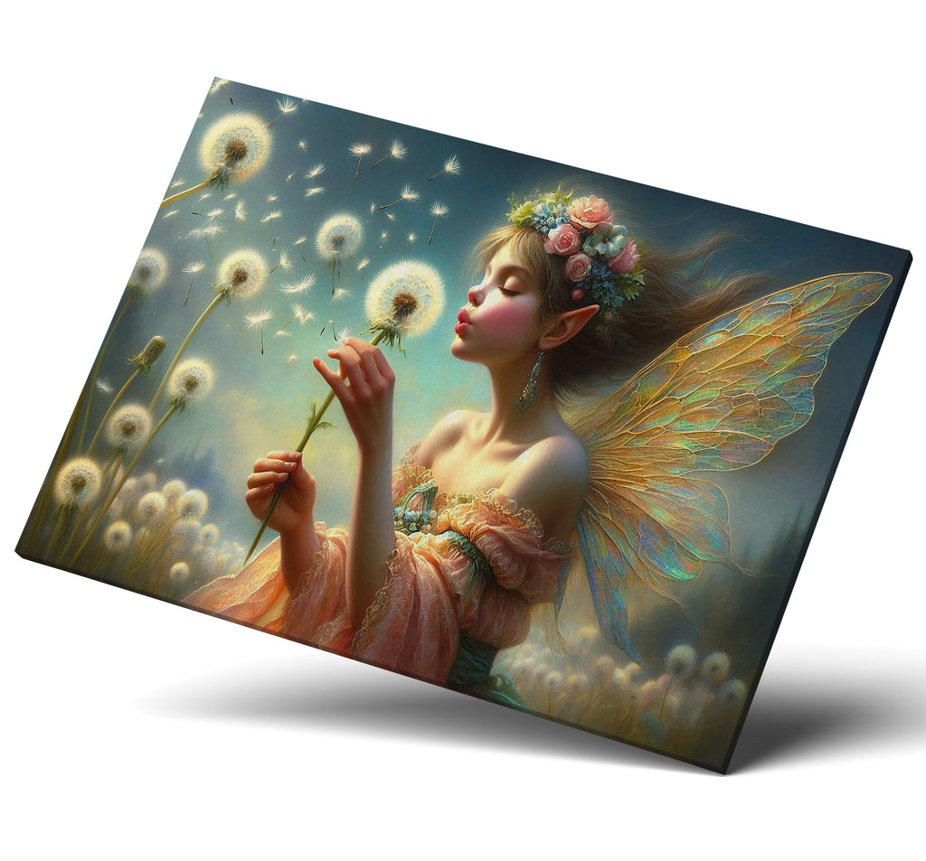 Fantasy Fairy Blowing a Dandelion Wall Art Canvas Print