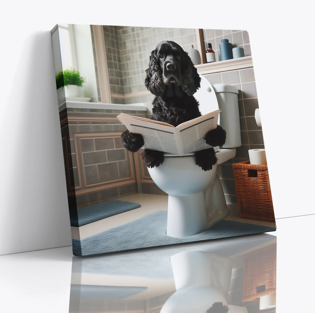 Black Cocker Spaniel Sat On Toilet Reading Paper Wall Art Print