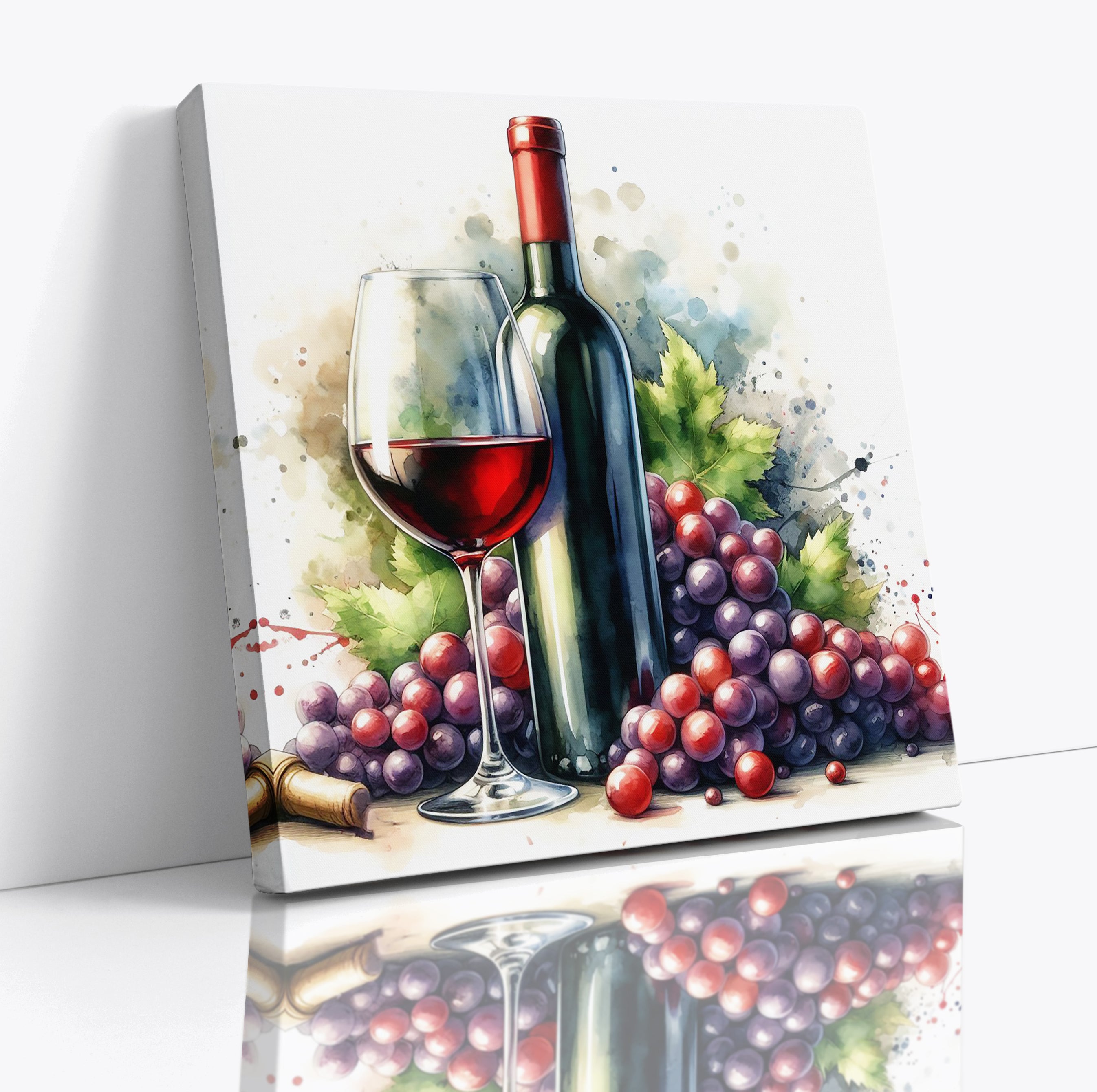 Red Wine Watercolour Style Square Canvas Print Wall Art