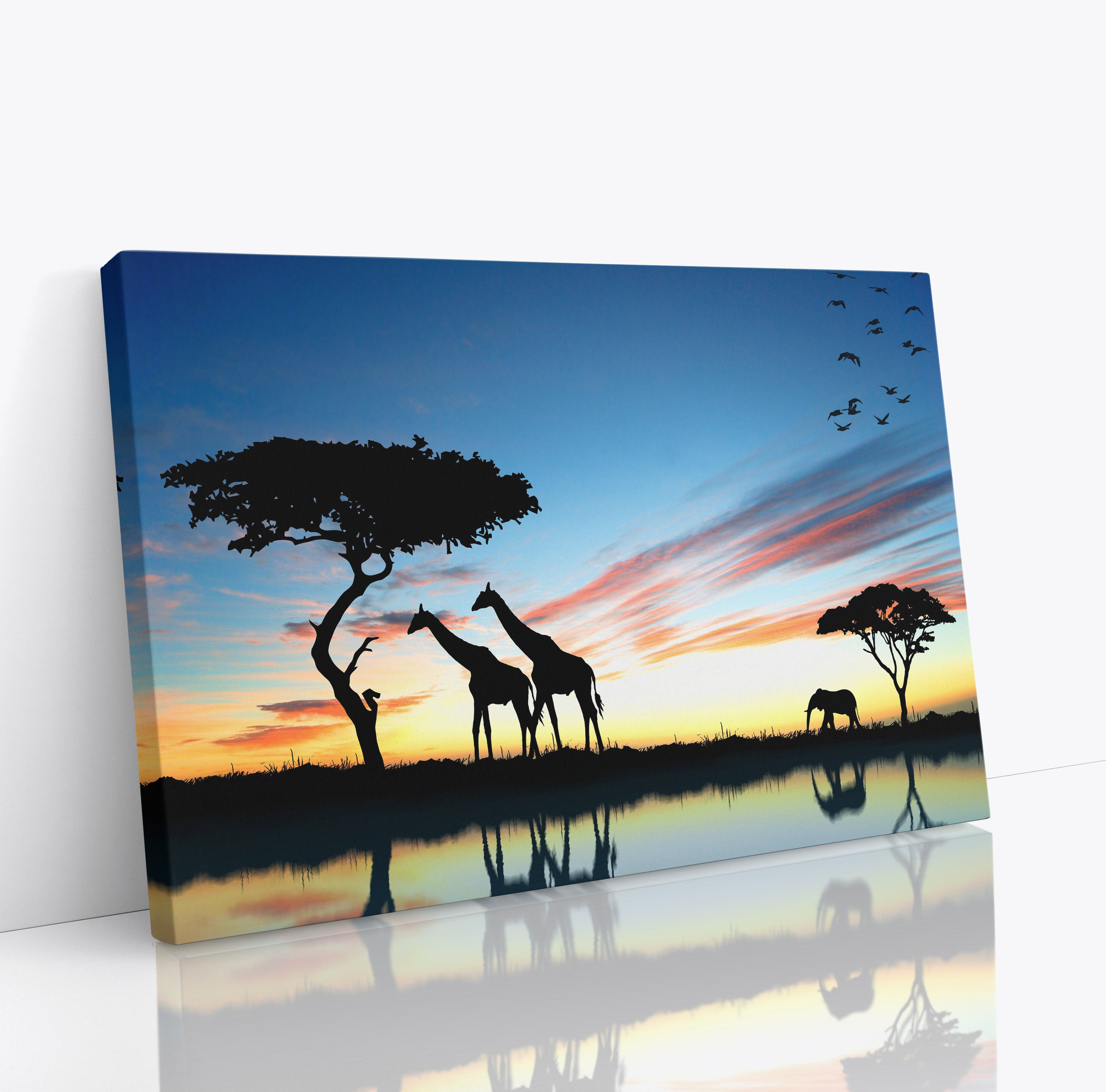 Giraffe Silhouettes African Sunset Landscape Wall Art