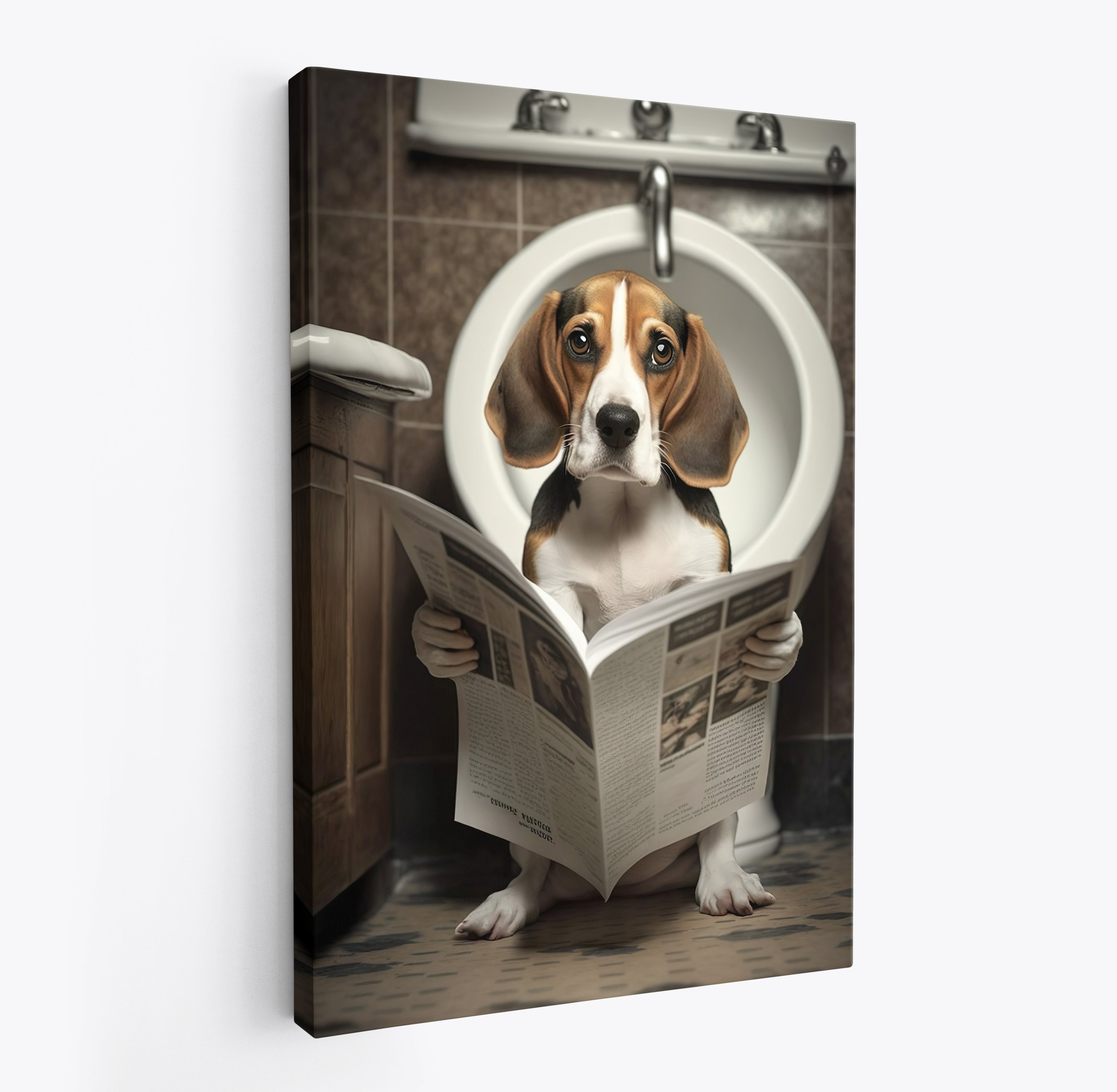 Beagle Dog Reading Paper On Toilet Funny Canvas Print Wall Art Décor Picture