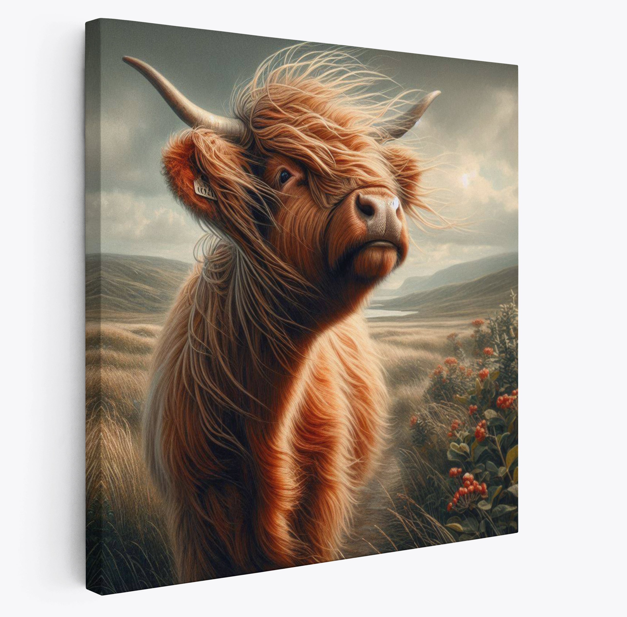 Scottish Highland Cow Scenic Square Canvas Print Wall Art