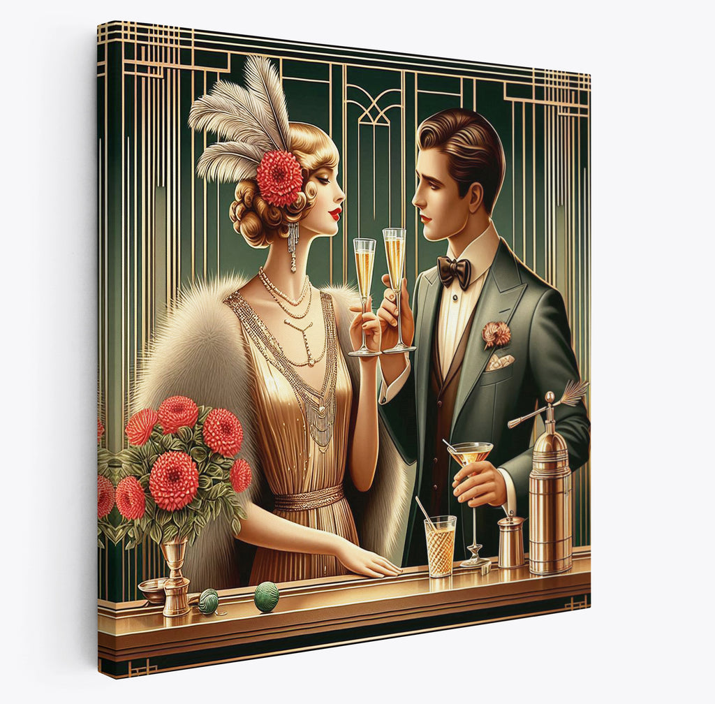 Art Deco Couple Drinking Square Canvas Print Wall Art