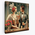 Art Deco Couple Drinking Square Canvas Print Wall Art