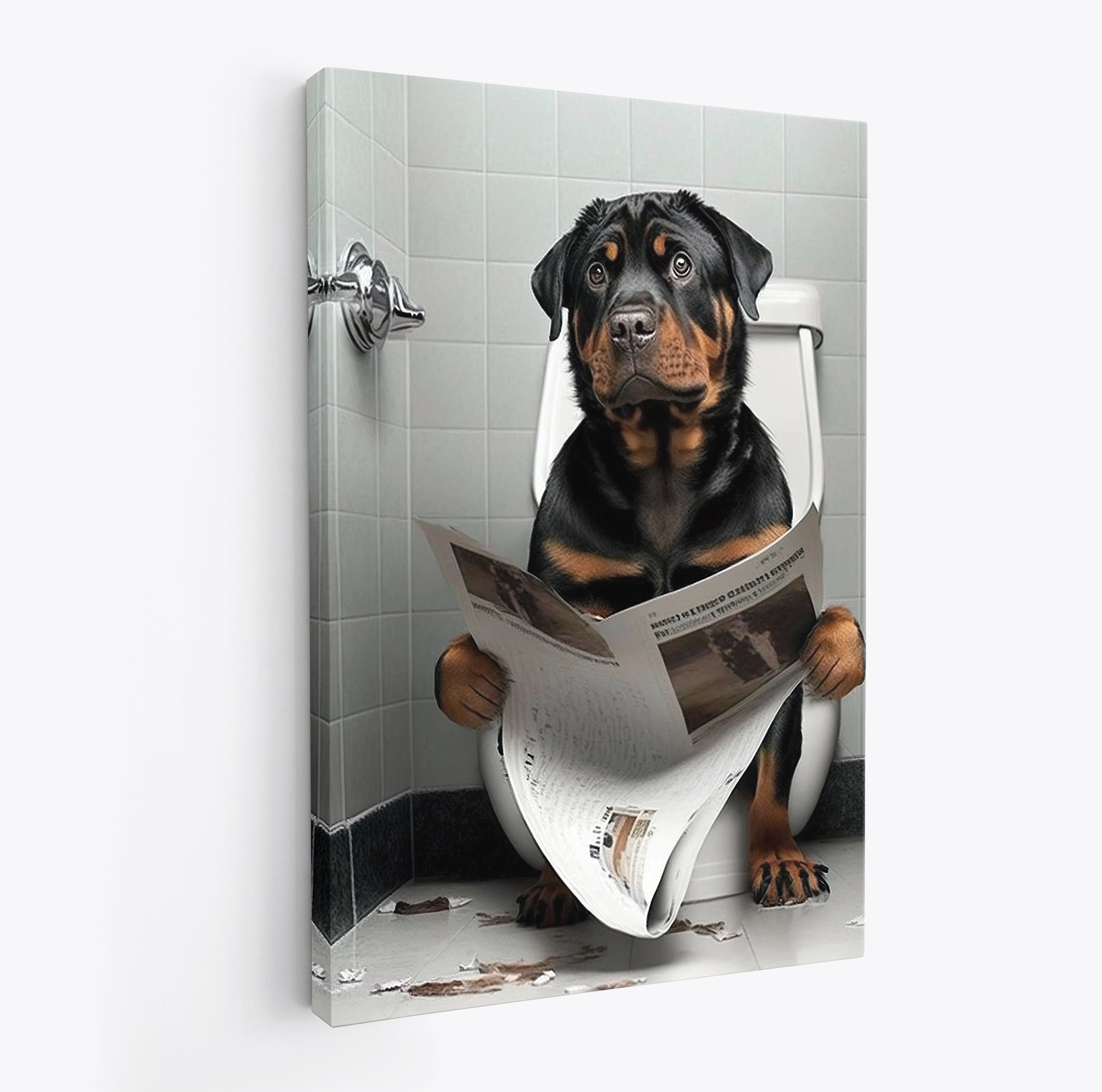 Rottweiler Dog Reading Paper On Toilet Funny Canvas Print Wall Art Décor