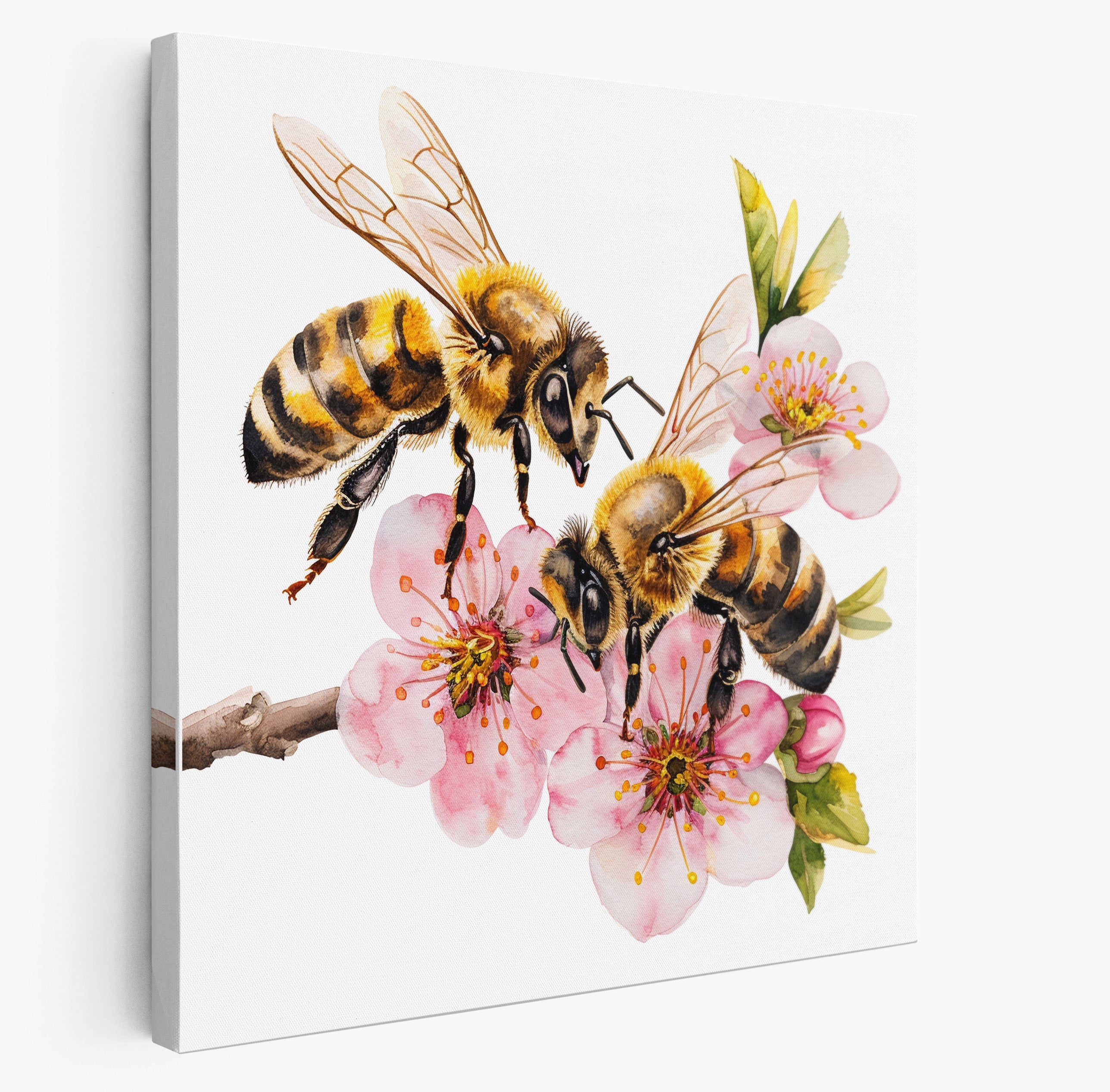 Honey Bees On Cherry Blossom Nature Canvas Wall Art Print