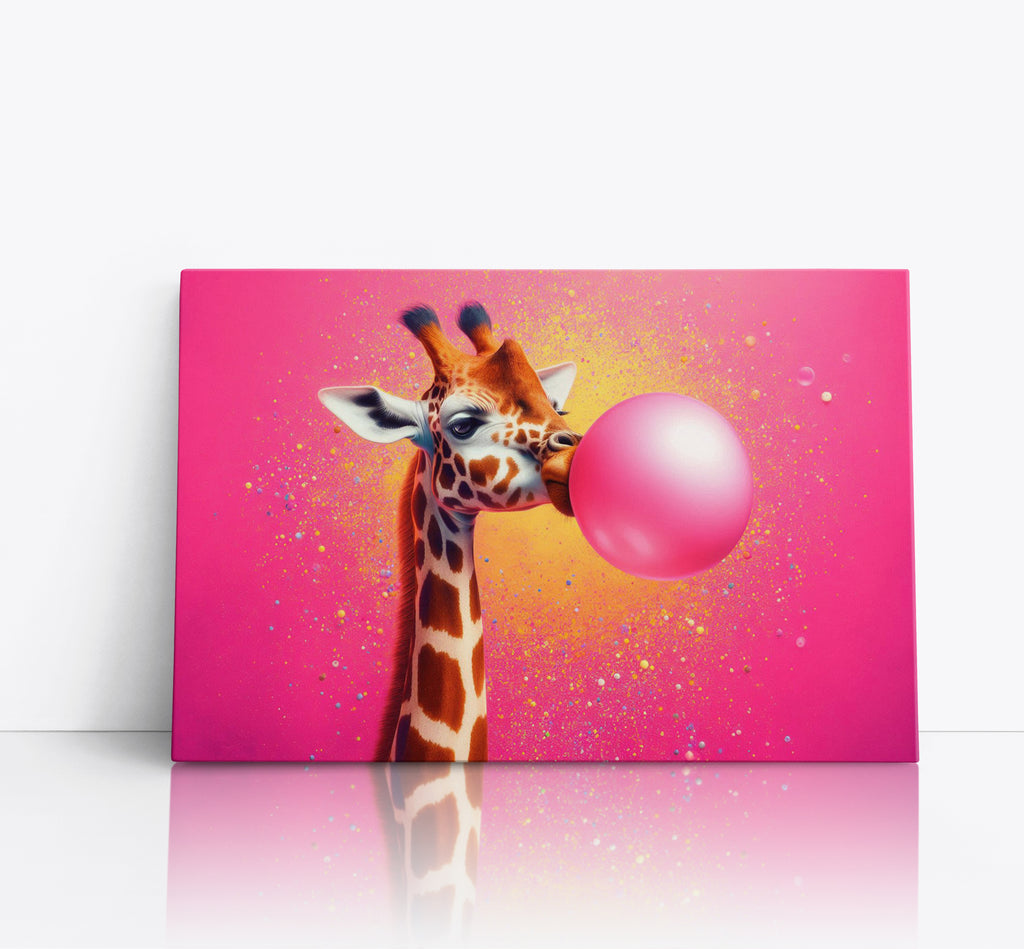 Giraffe Blowing Pink Bubble Gum Canvas Print Wall Art