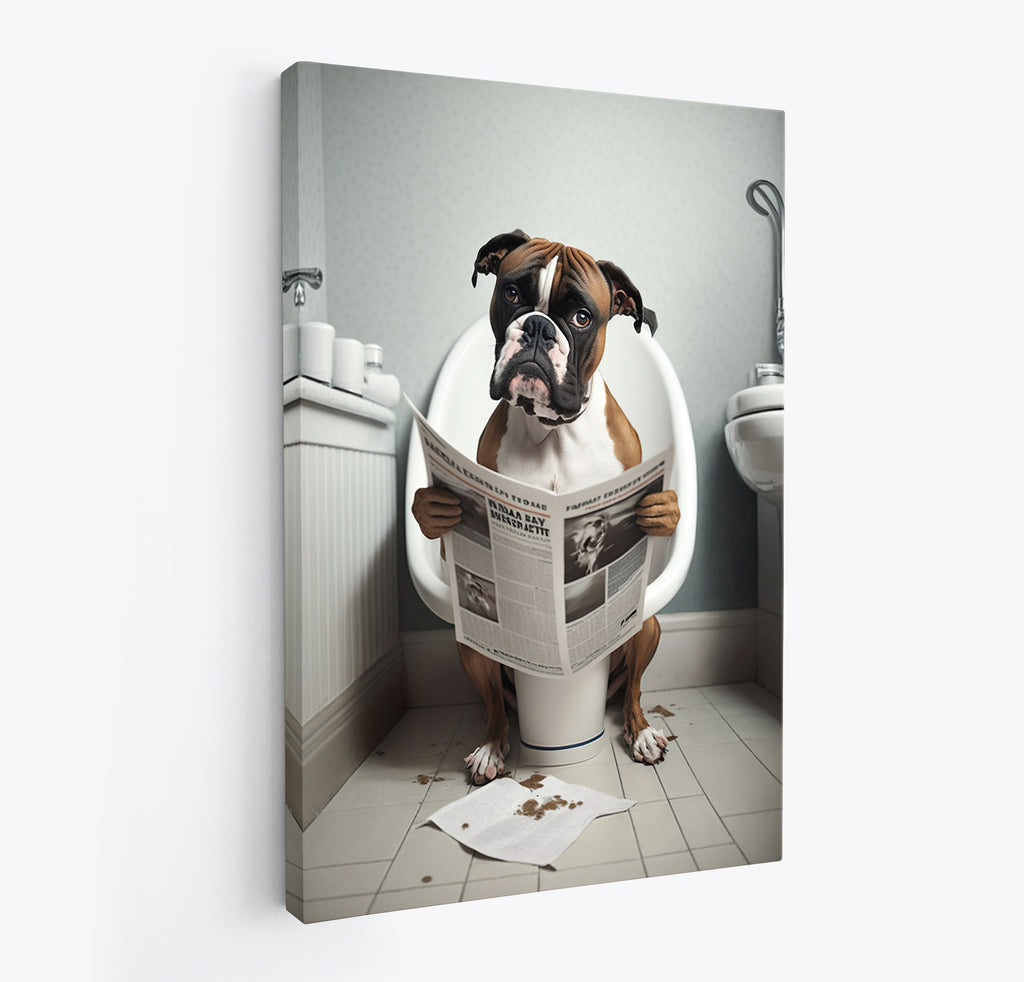 Boxer Dog Reading Paper On Toilet Funny Canvas Print Wall Art Décor Picture