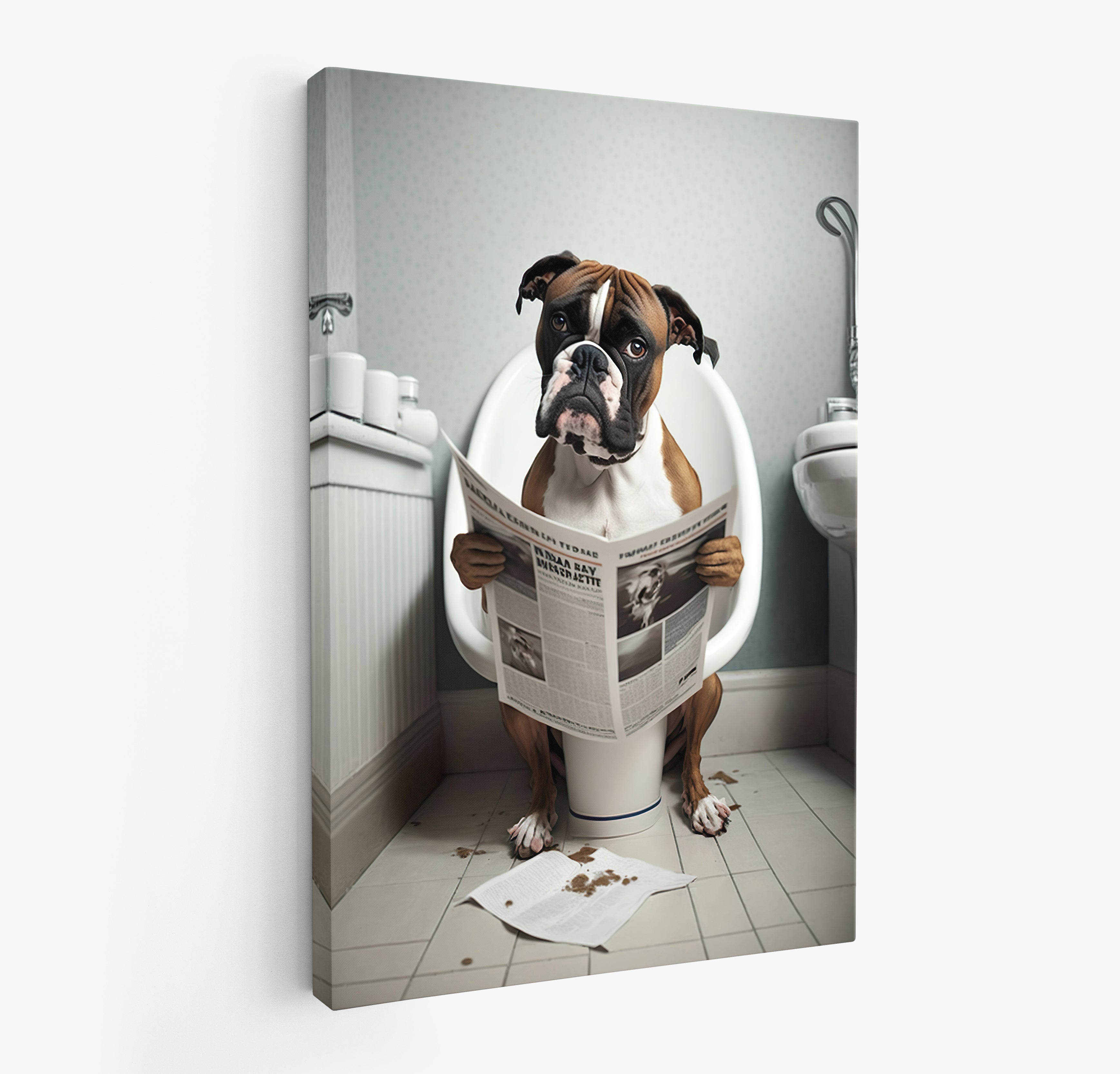 Boxer Dog Reading Paper On Toilet Funny Canvas Print Wall Art Décor Picture