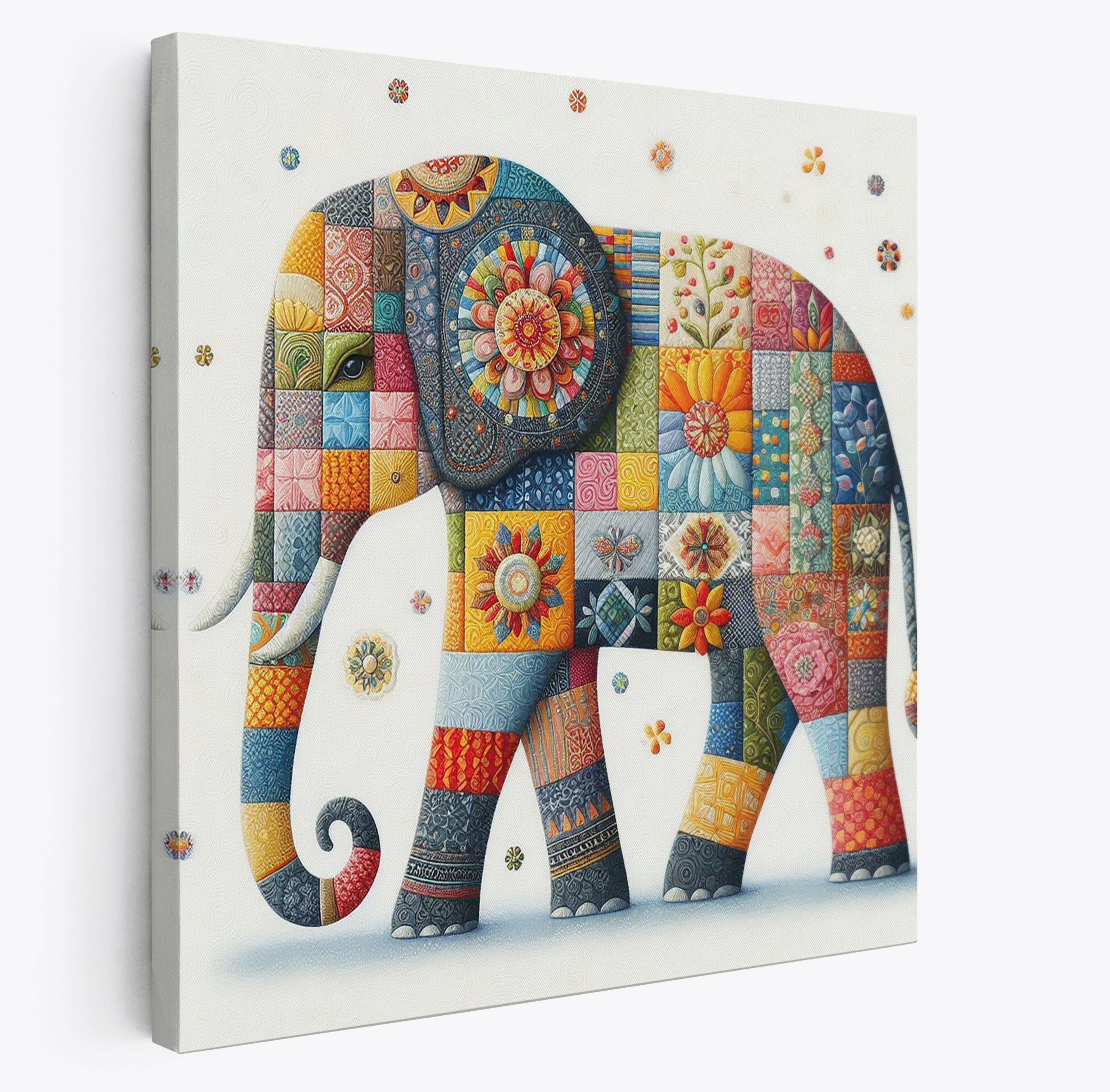 Colourful Patchwork Elephant Square Canvas Print Wall Art or Poster Print