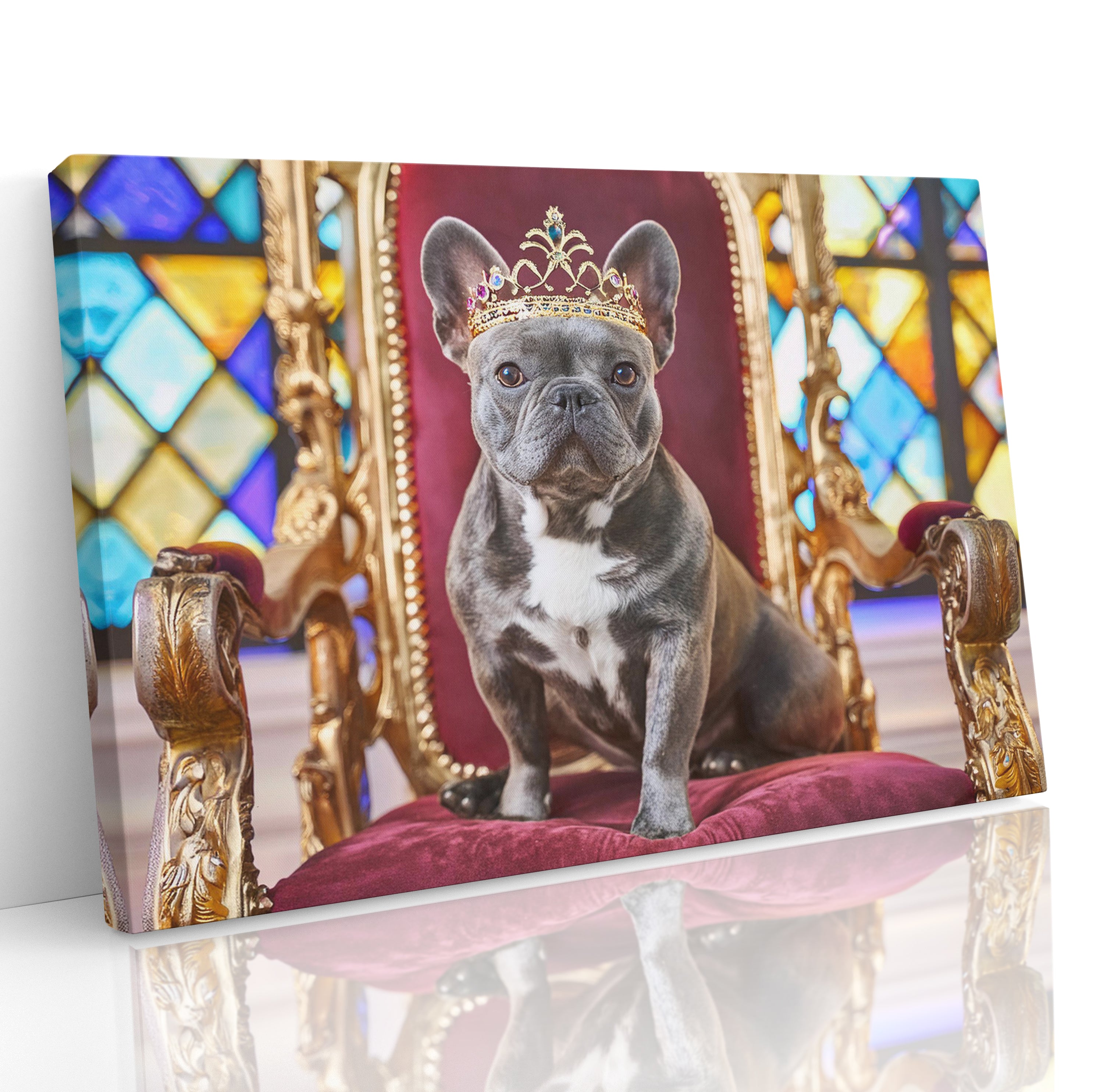 French Bulldog Sat on Throne Wearing a Crown Canvas Wall Art Print