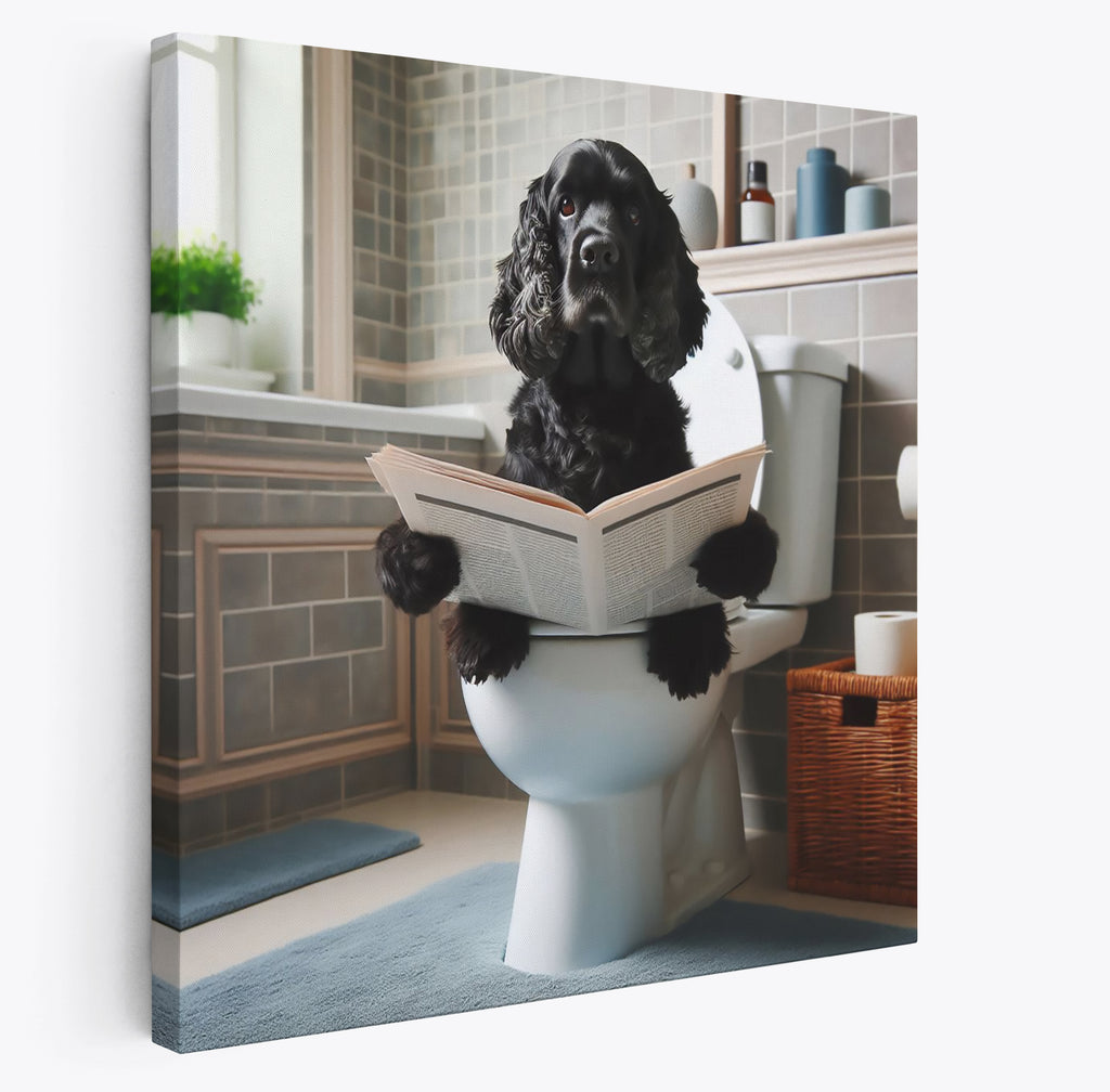 Black Cocker Spaniel Sat On Toilet Reading Paper Wall Art Print