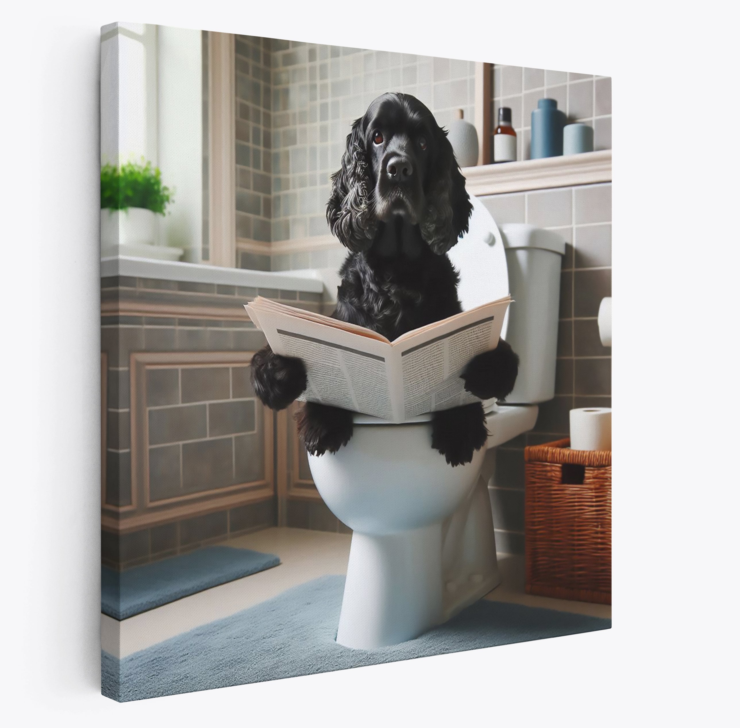 Black Cocker Spaniel Sat On Toilet Reading Paper Wall Art Print