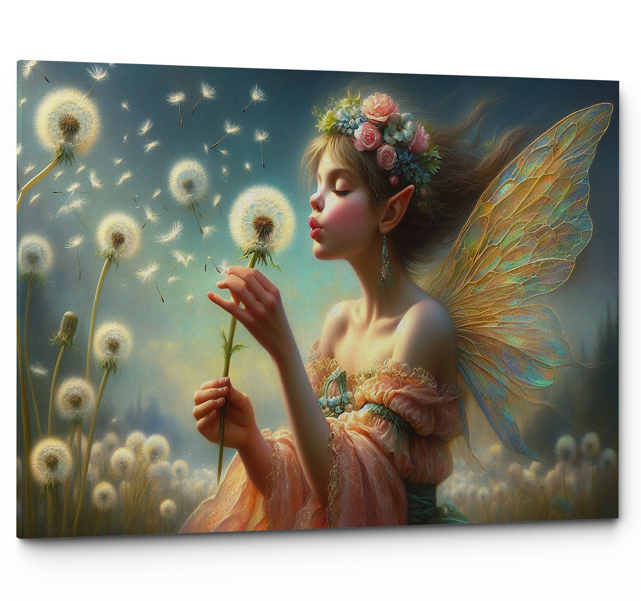 Fantasy Fairy Blowing a Dandelion Wall Art Canvas Print