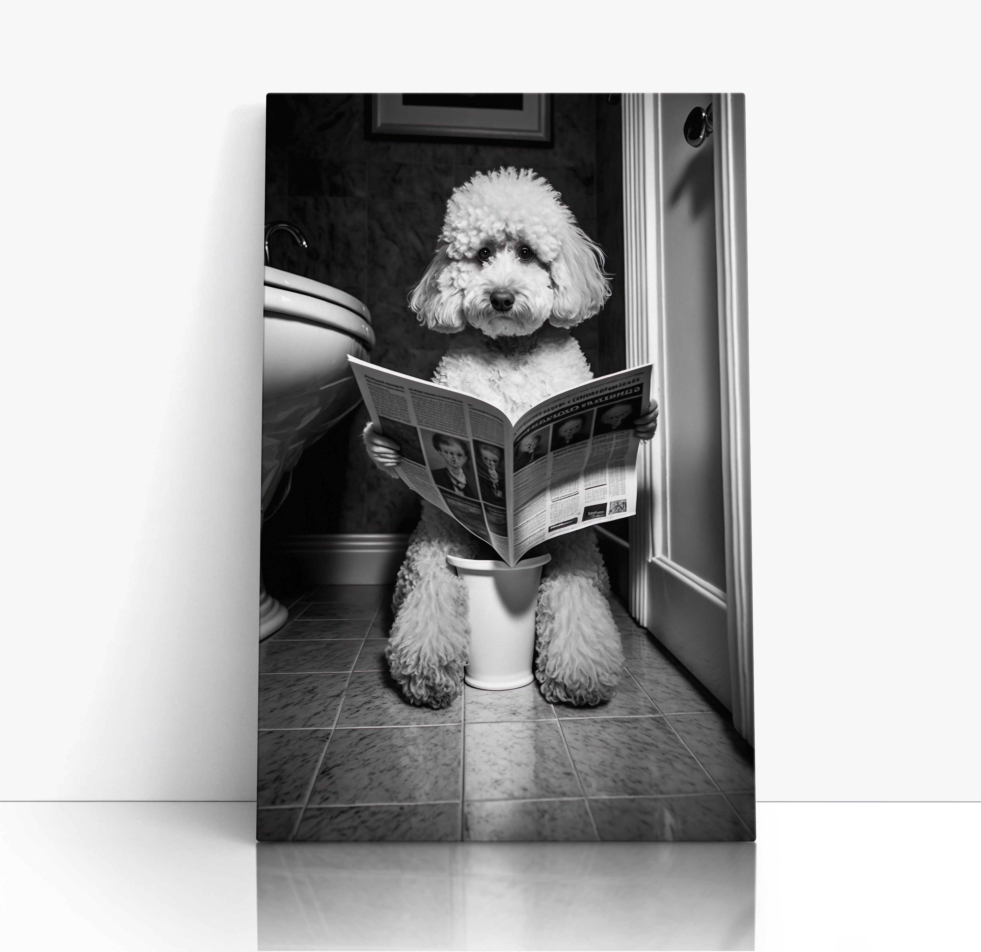 Poodle Dog Reading Newspaper On Toilet Bathroom Wall Art