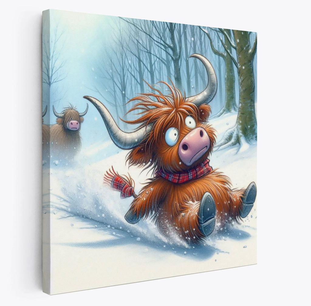 Highland Cow Playing In The Snow Canvas Wall Art Print