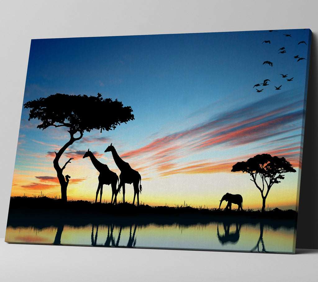 Giraffe Silhouettes African Sunset Landscape Wall Art