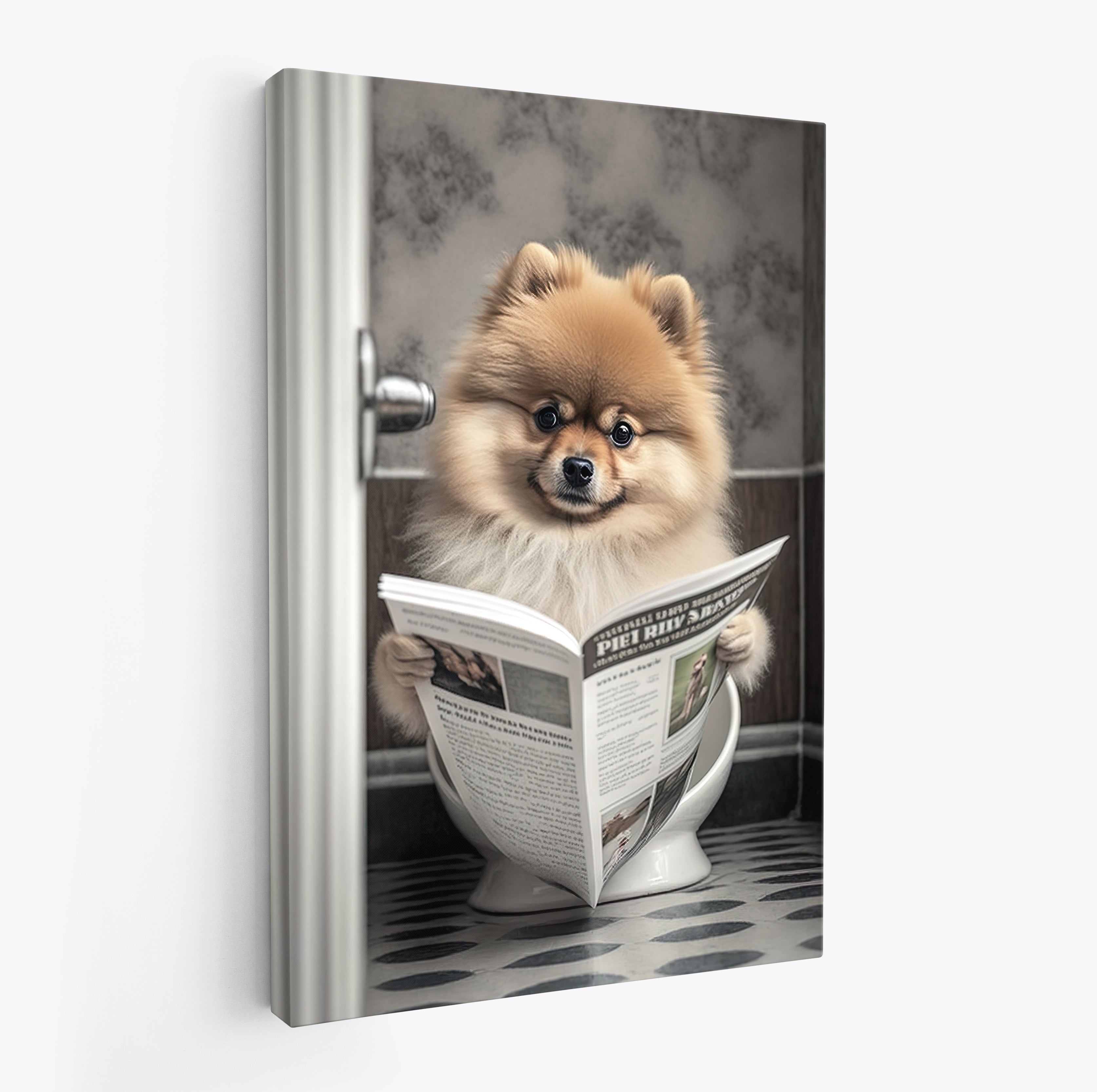Pomeranian Reading Paper On Toilet Funny Canvas Print Wall Art