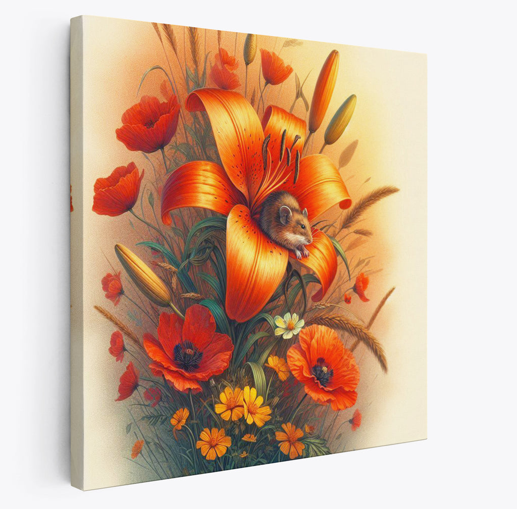 Flowers and Field Mouse Floral Canvas Wall Art Print