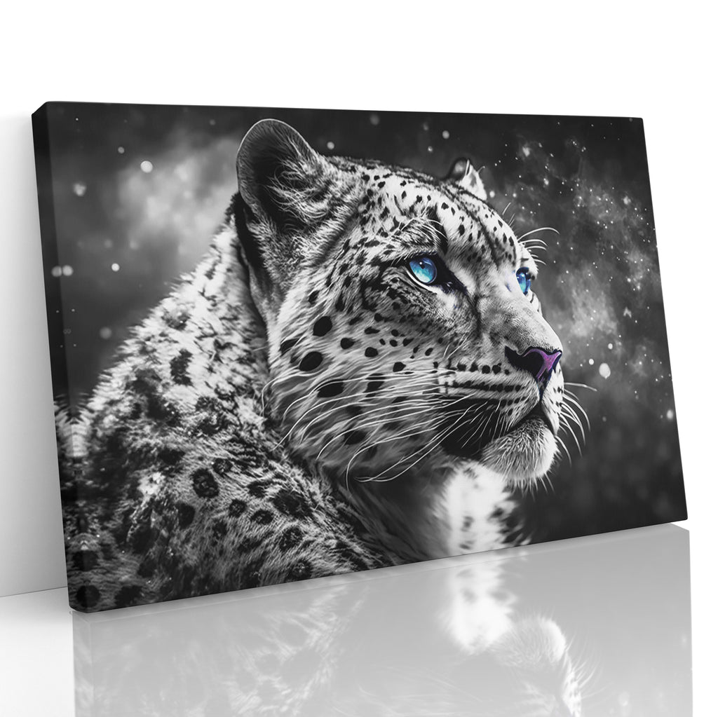 Black and White Big Cat Snow Leopard Face Wall Art Canvas Print