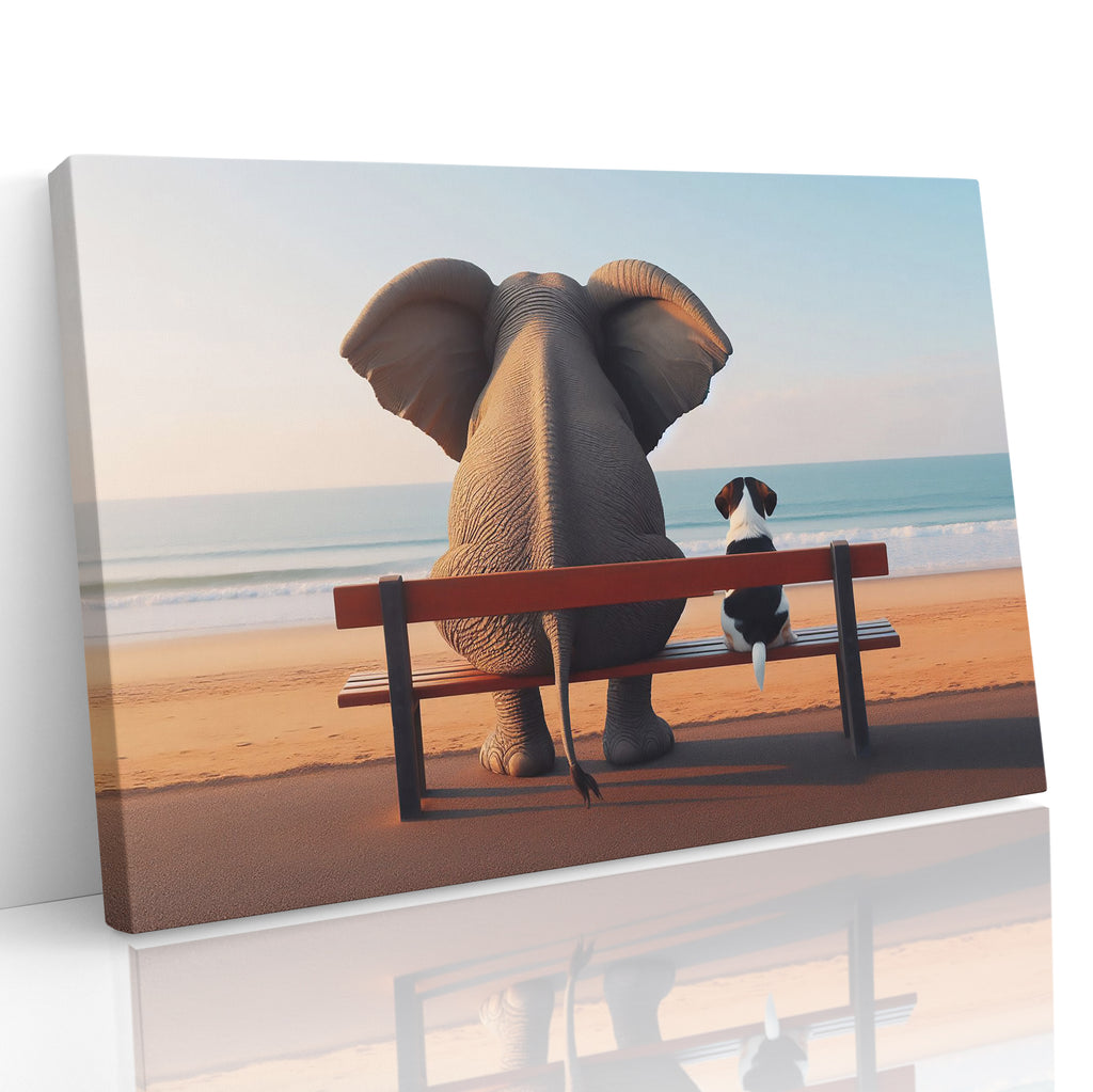 Elephant and Dog Sat At The Beach Canvas Print Wall Art
