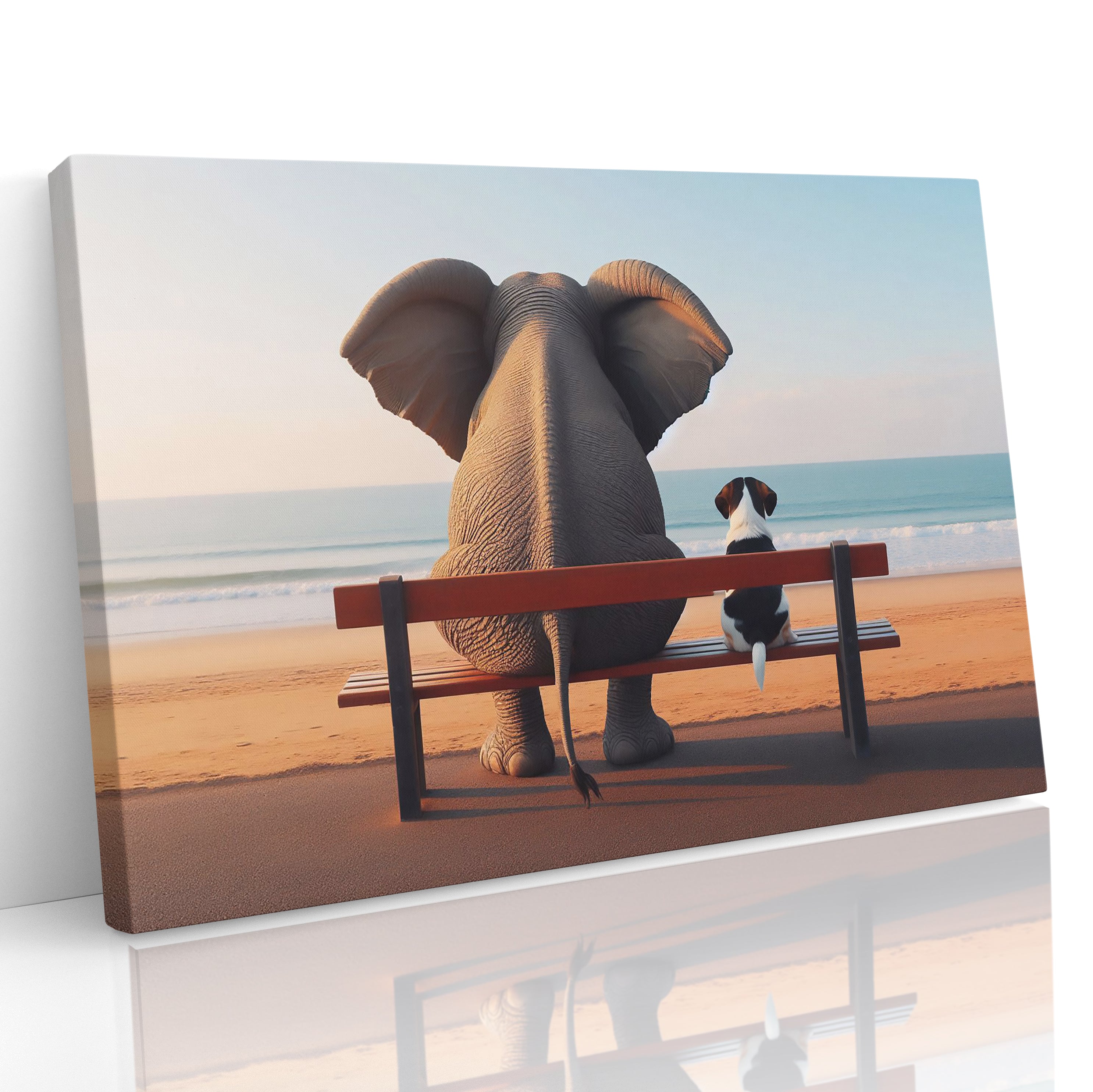 Elephant and Dog Sat At The Beach Canvas Print Wall Art