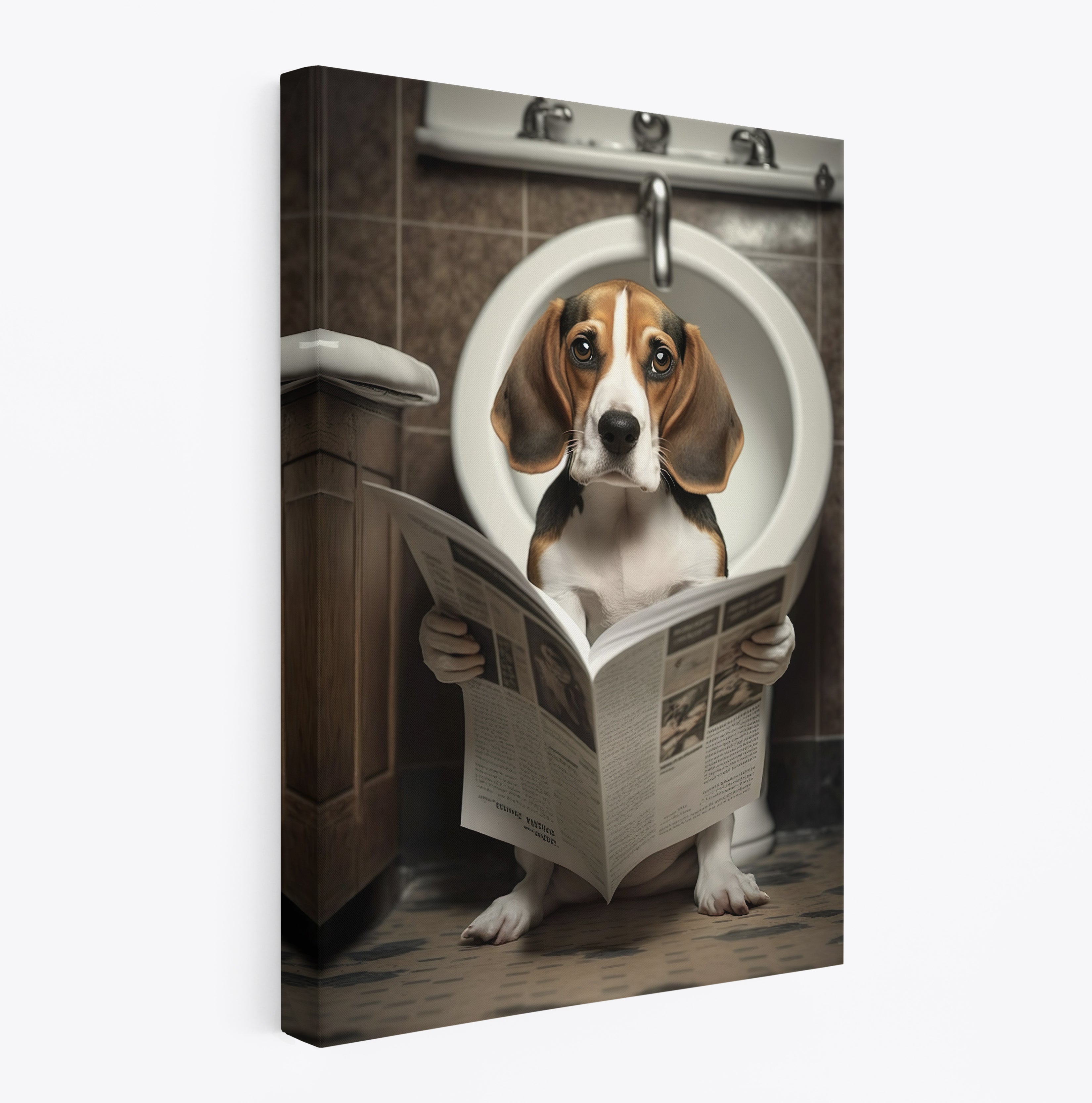 Beagle Dog Reading Paper On Toilet Funny Canvas Print Wall Art Décor Picture