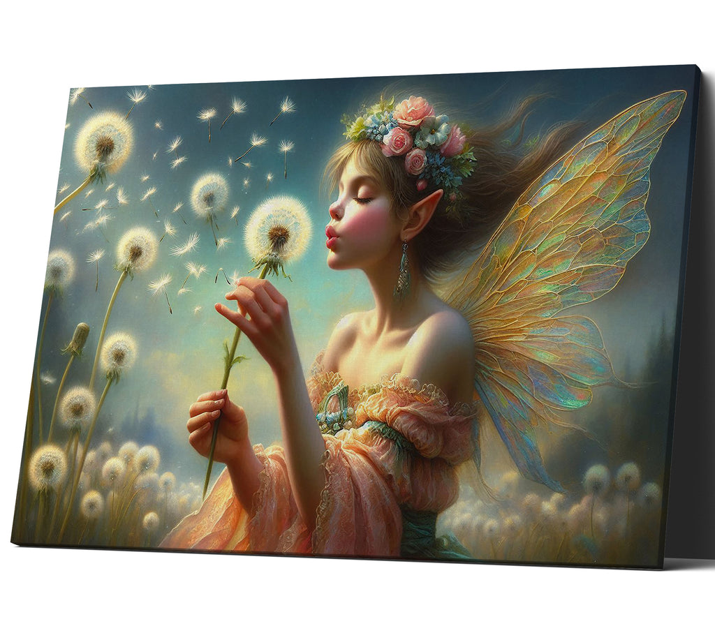 Fantasy Fairy Blowing a Dandelion Wall Art Canvas Print