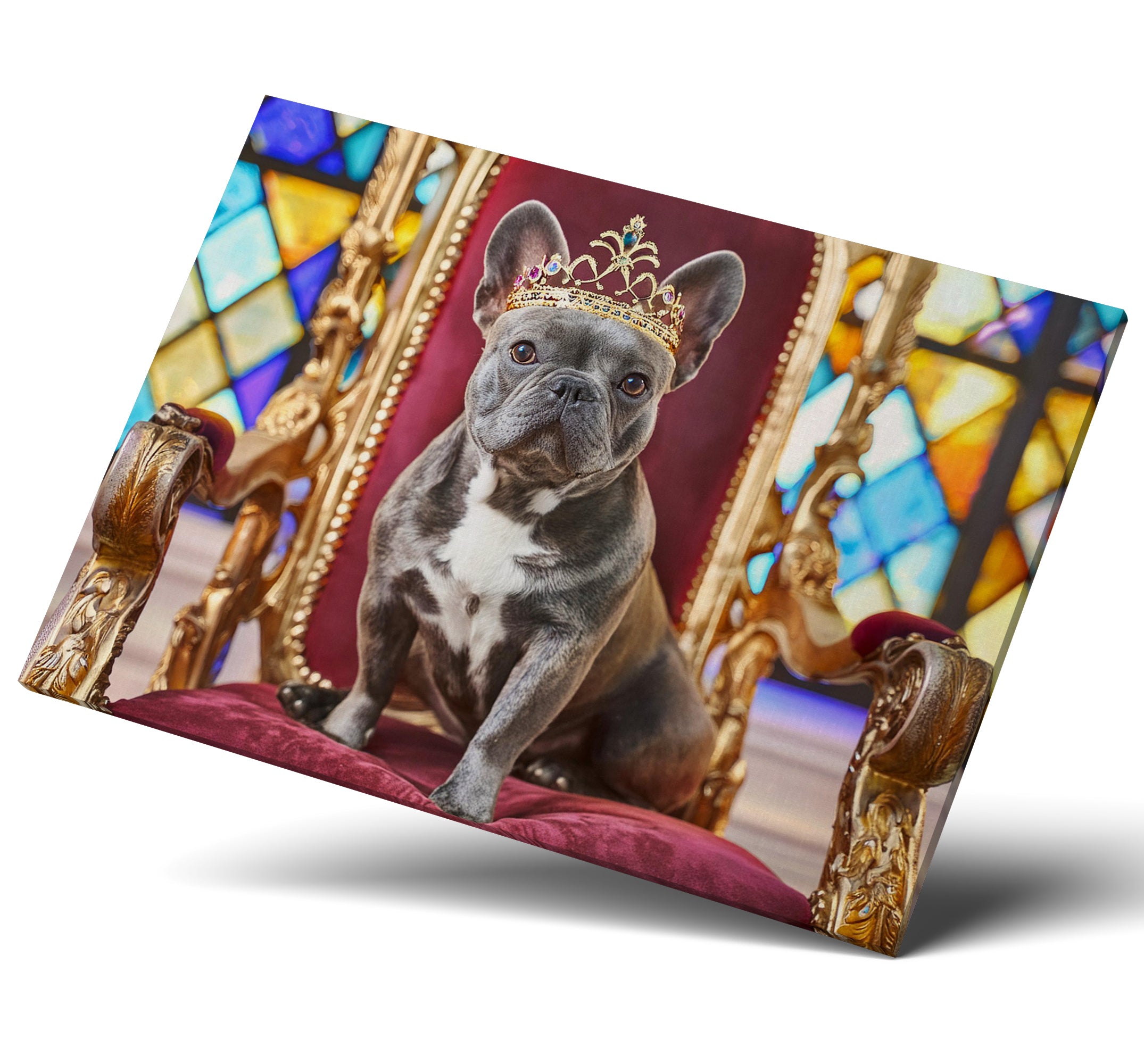 French Bulldog Sat on Throne Wearing a Crown Canvas Wall Art Print