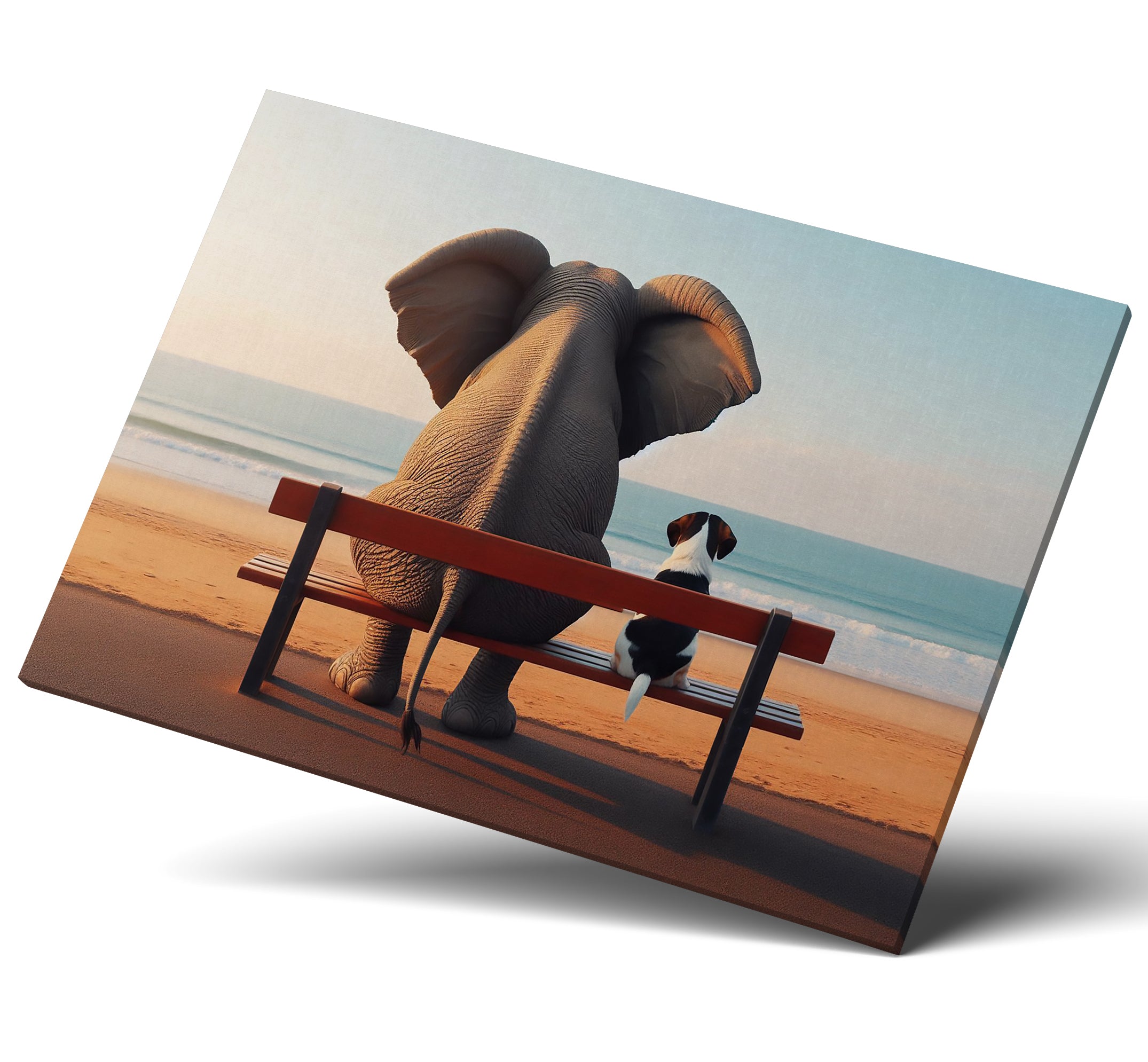 Elephant and Dog Sat At The Beach Canvas Print Wall Art