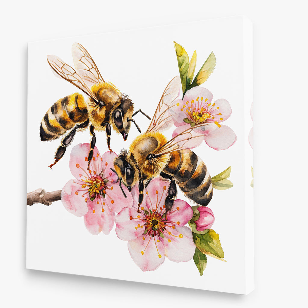 Honey Bees On Cherry Blossom Nature Canvas Wall Art Print