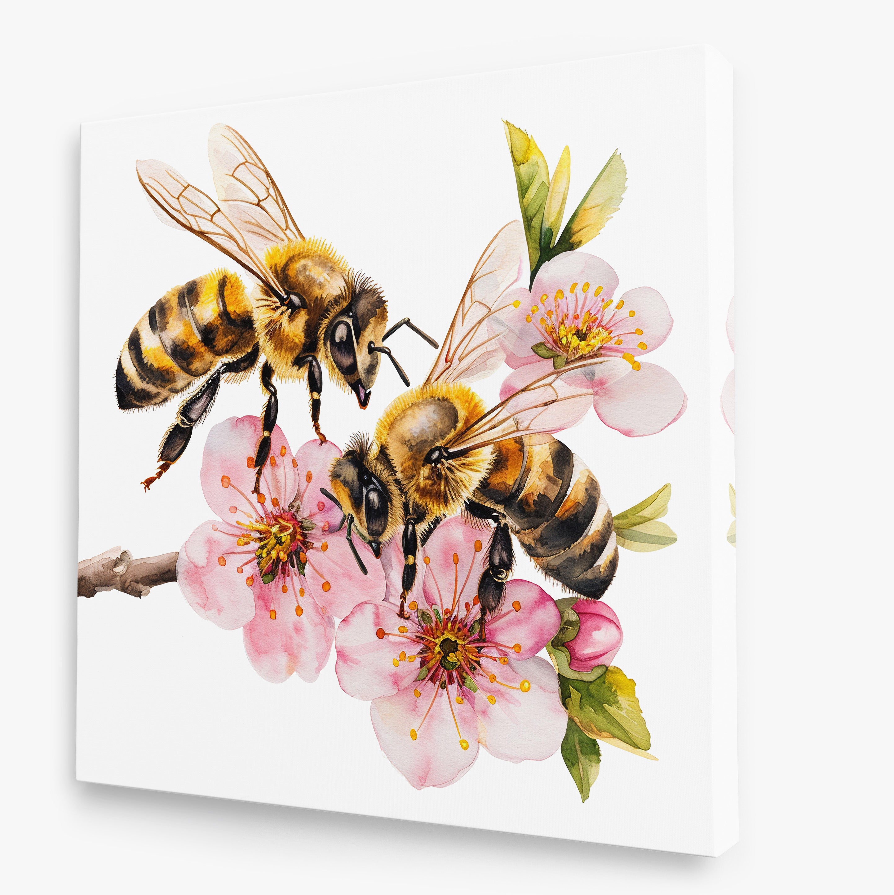 Honey Bees On Cherry Blossom Nature Canvas Wall Art Print